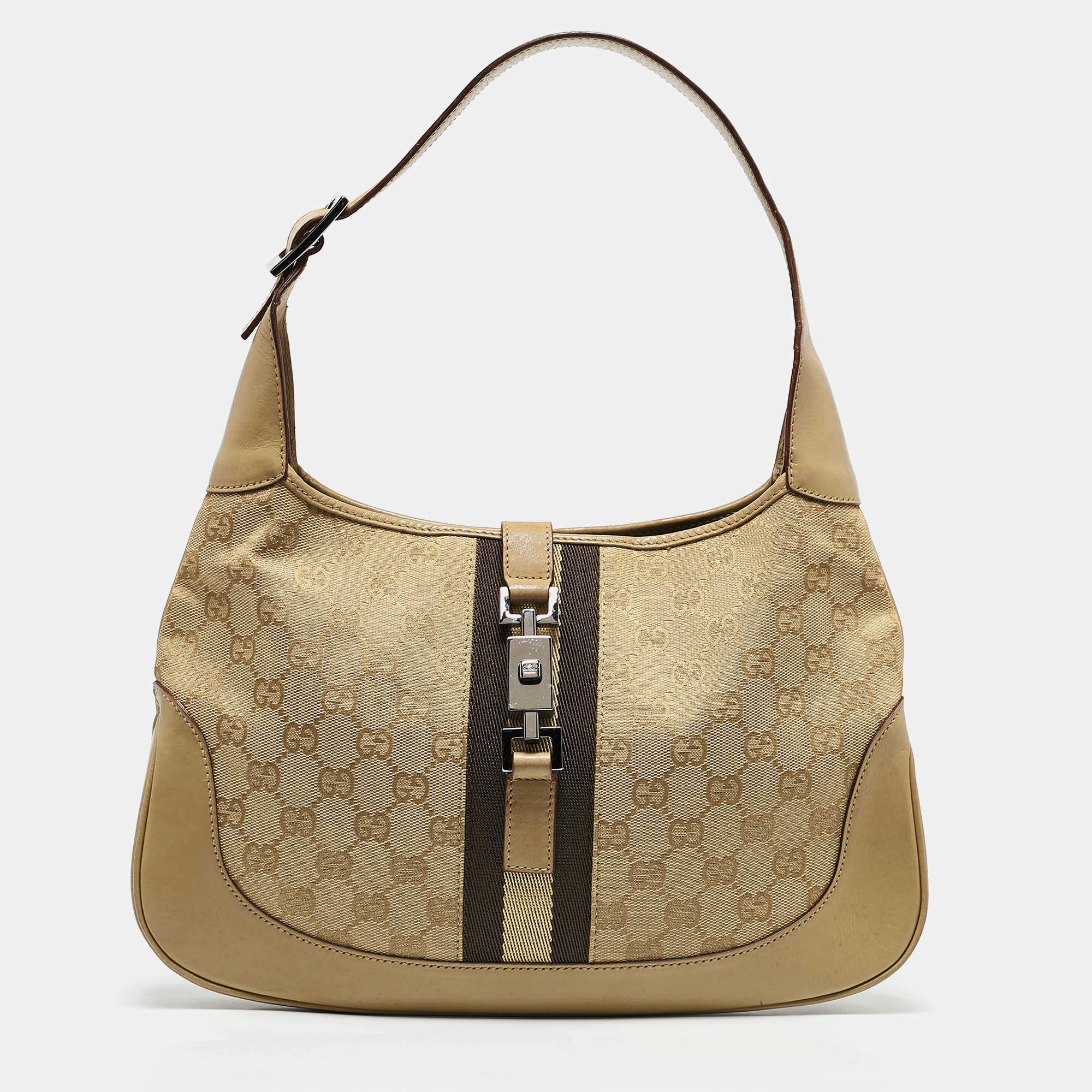 Pre Owned Gucci Beige GG Canvas and Leather Medium Jackie O Hobo