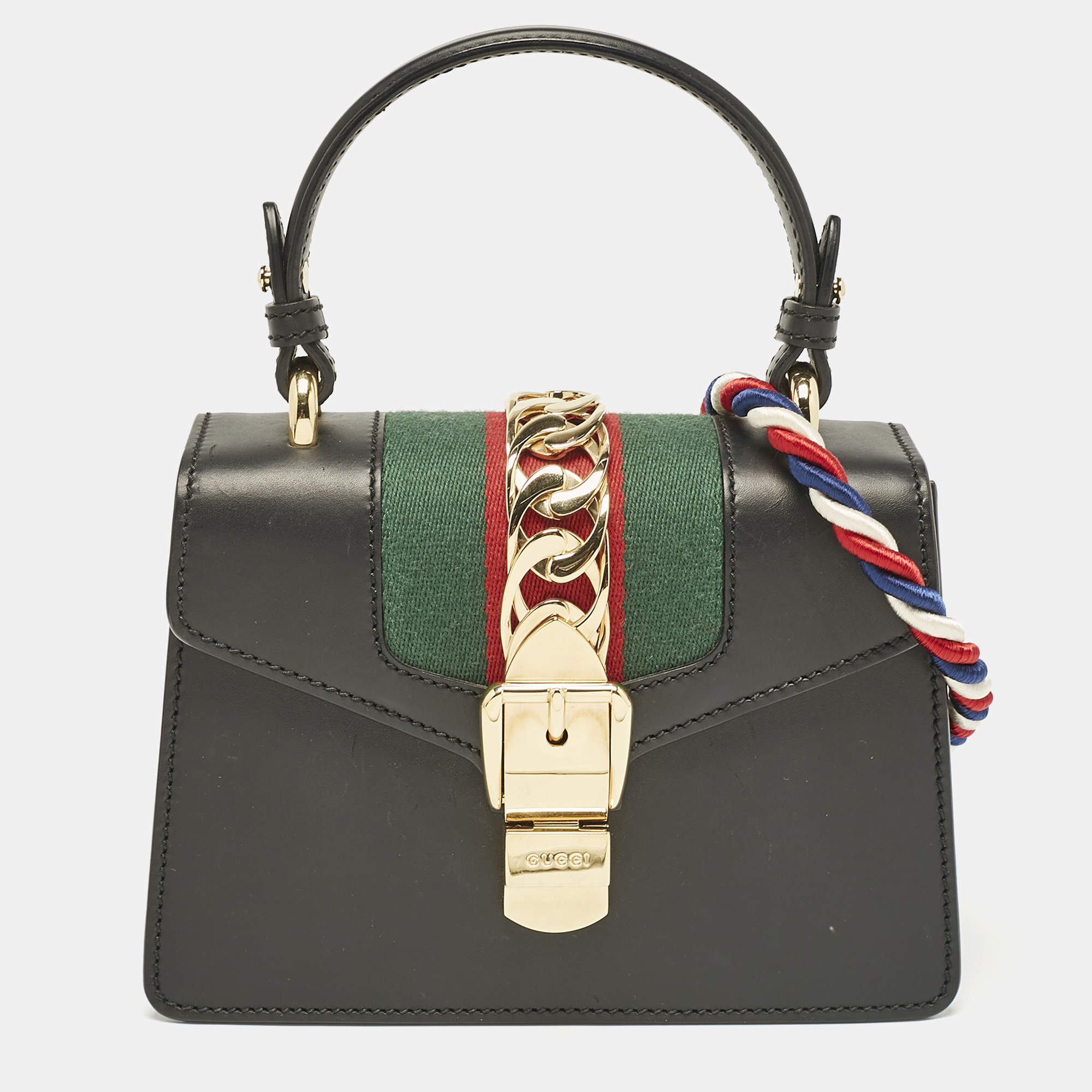 Pre Owned Gucci Black Leather Mini Web Chain Sylvie Top Handle Bag