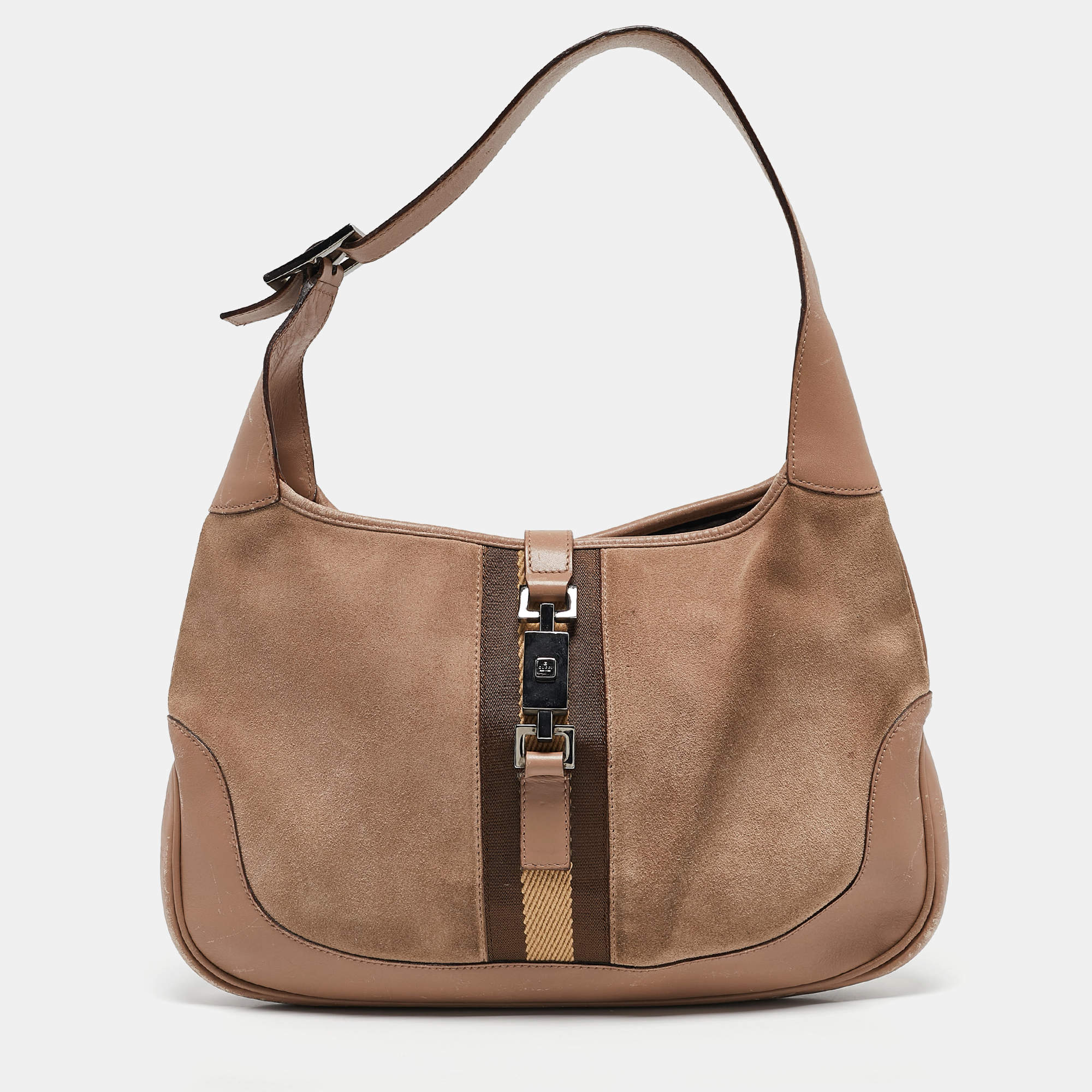 Pre Owned Gucci Old Rose/Beige GG Canvas and Leather Jackie Bardot Hobo