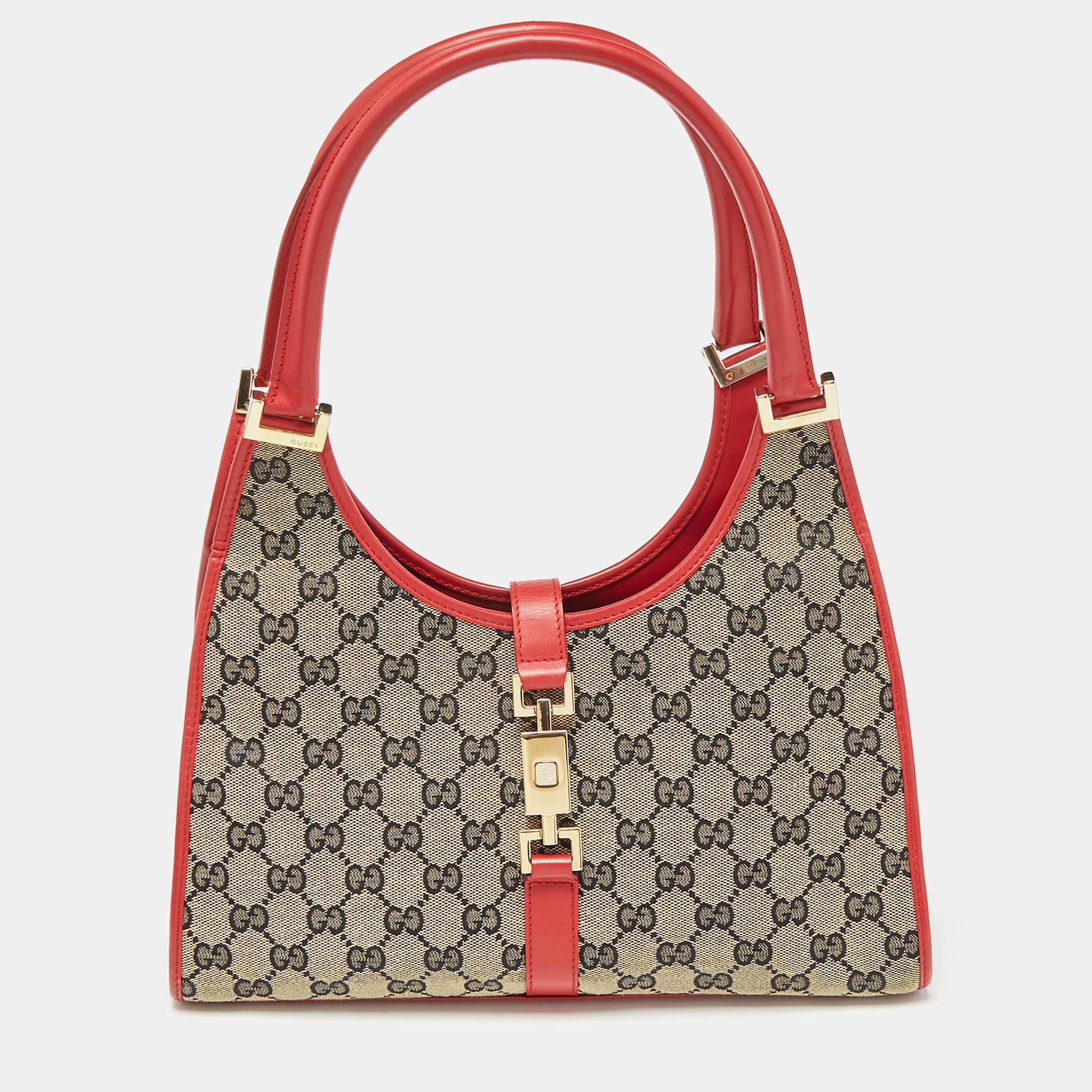 Pre Owned Gucci Red/Blue GG Canvas and Leather Jackie Bardot Bag