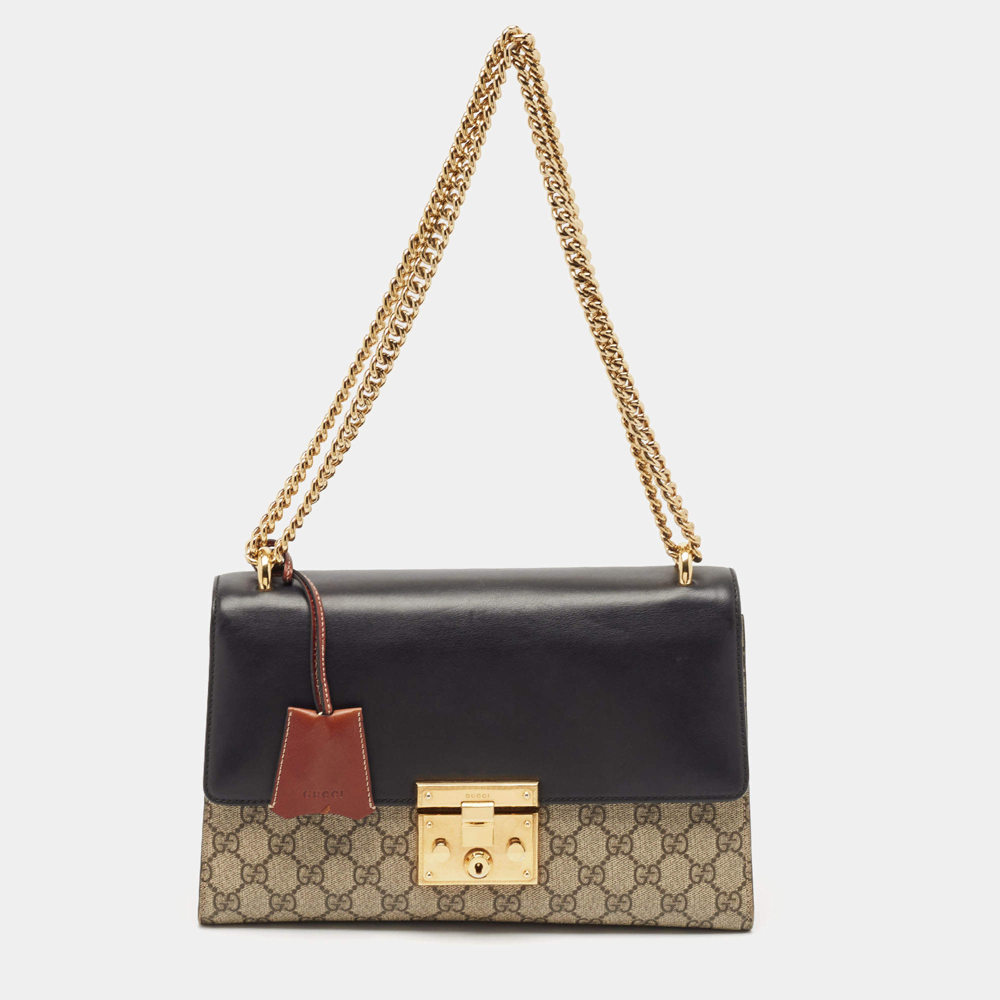 مملوكة مسبقًا Gucci Tricolor GG Supreme Canvas and Leather Medium Padlock Shoulder Bag