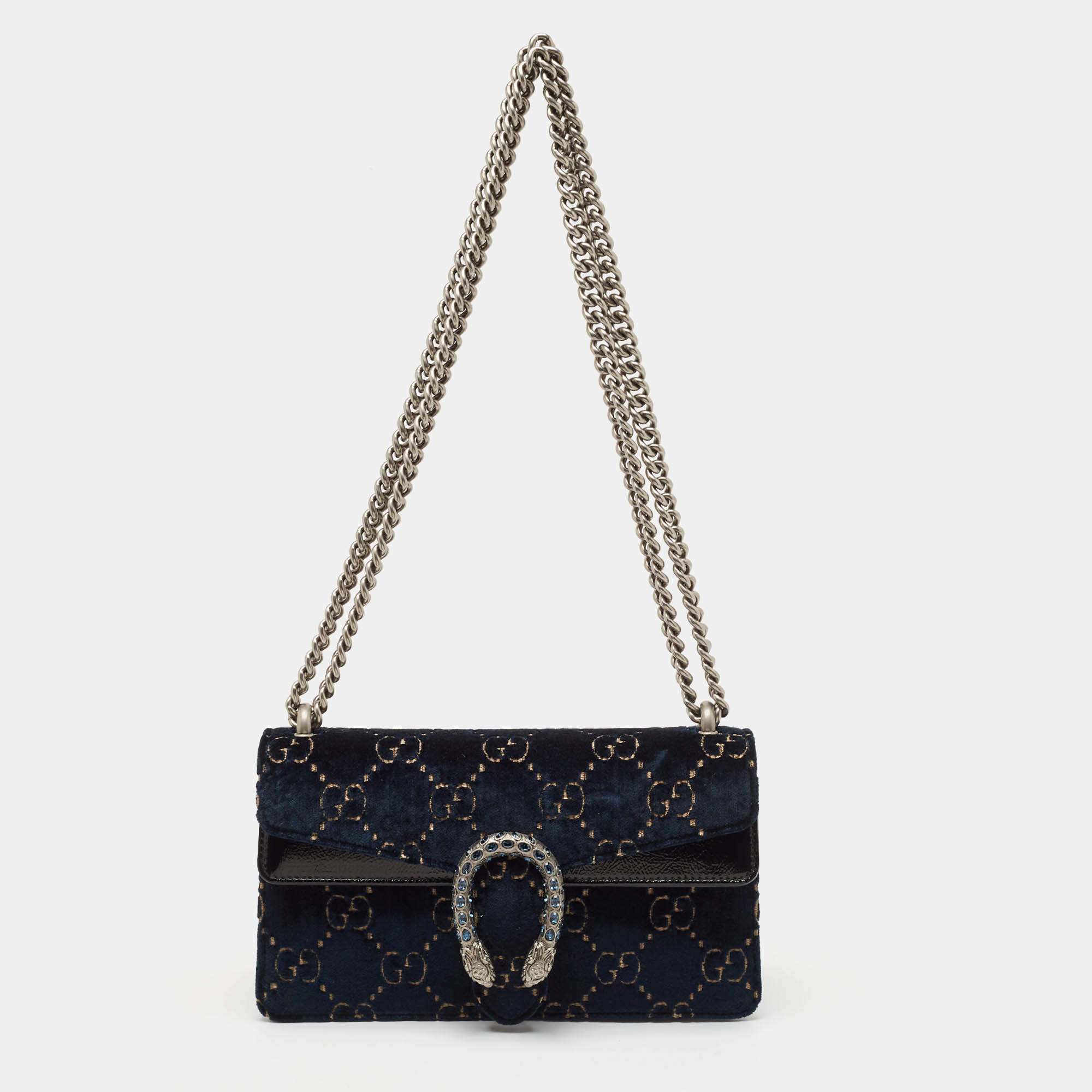 Pre Owned Gucci Dark Blue/Black GG Velvet Small Rectangular Dionysus Shoulder Bag