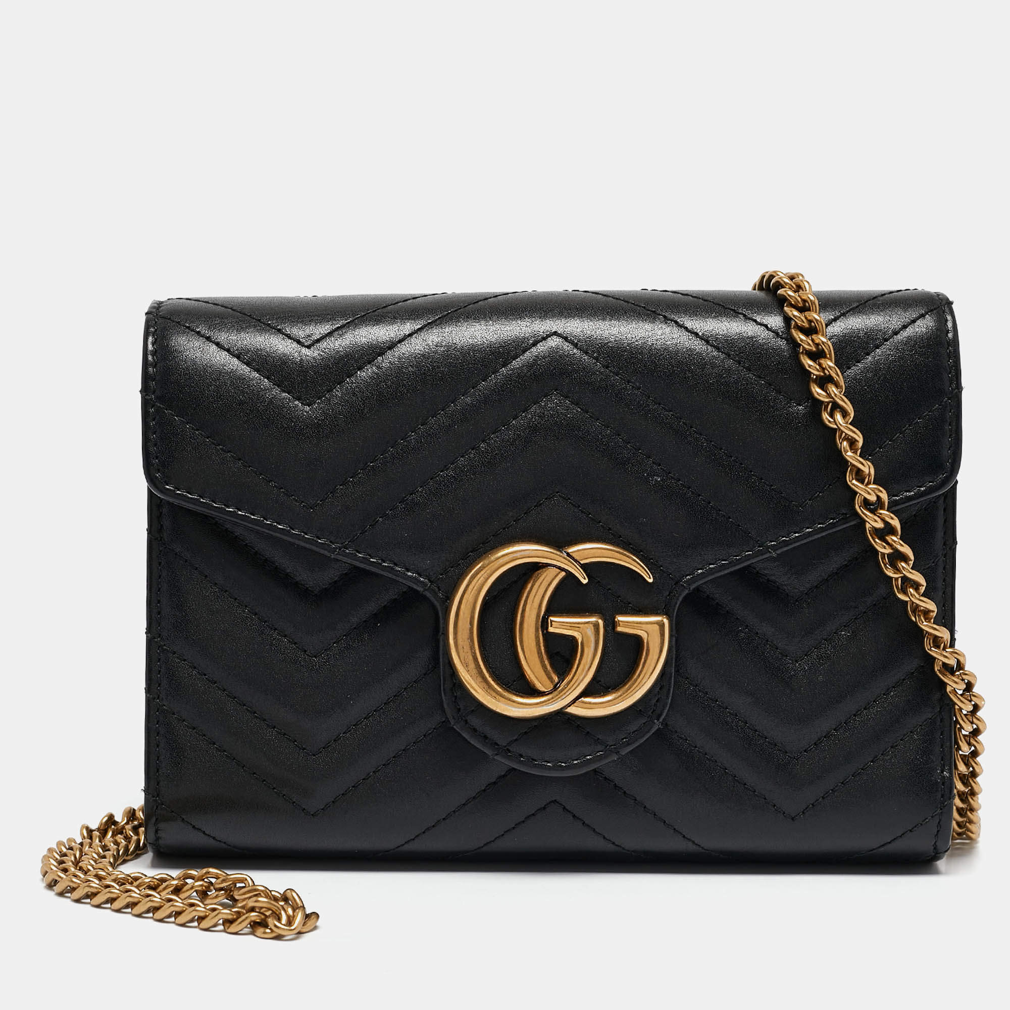 Gucci Black Matelassé Leather GG Marmont Wallet On Chain