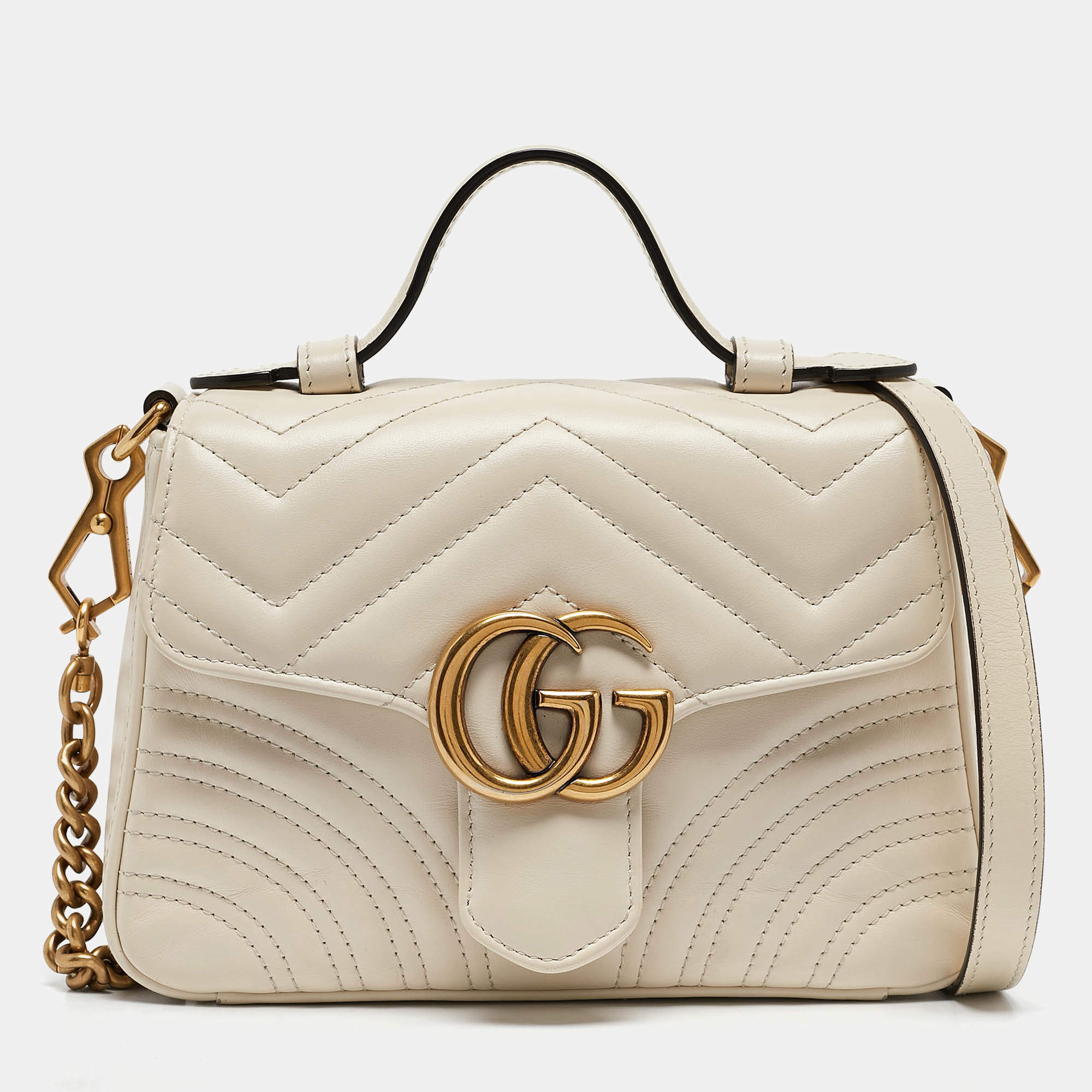 Pre Owned Gucci Off White Matelassé Leather Mini GG Marmont Top Handle Bag