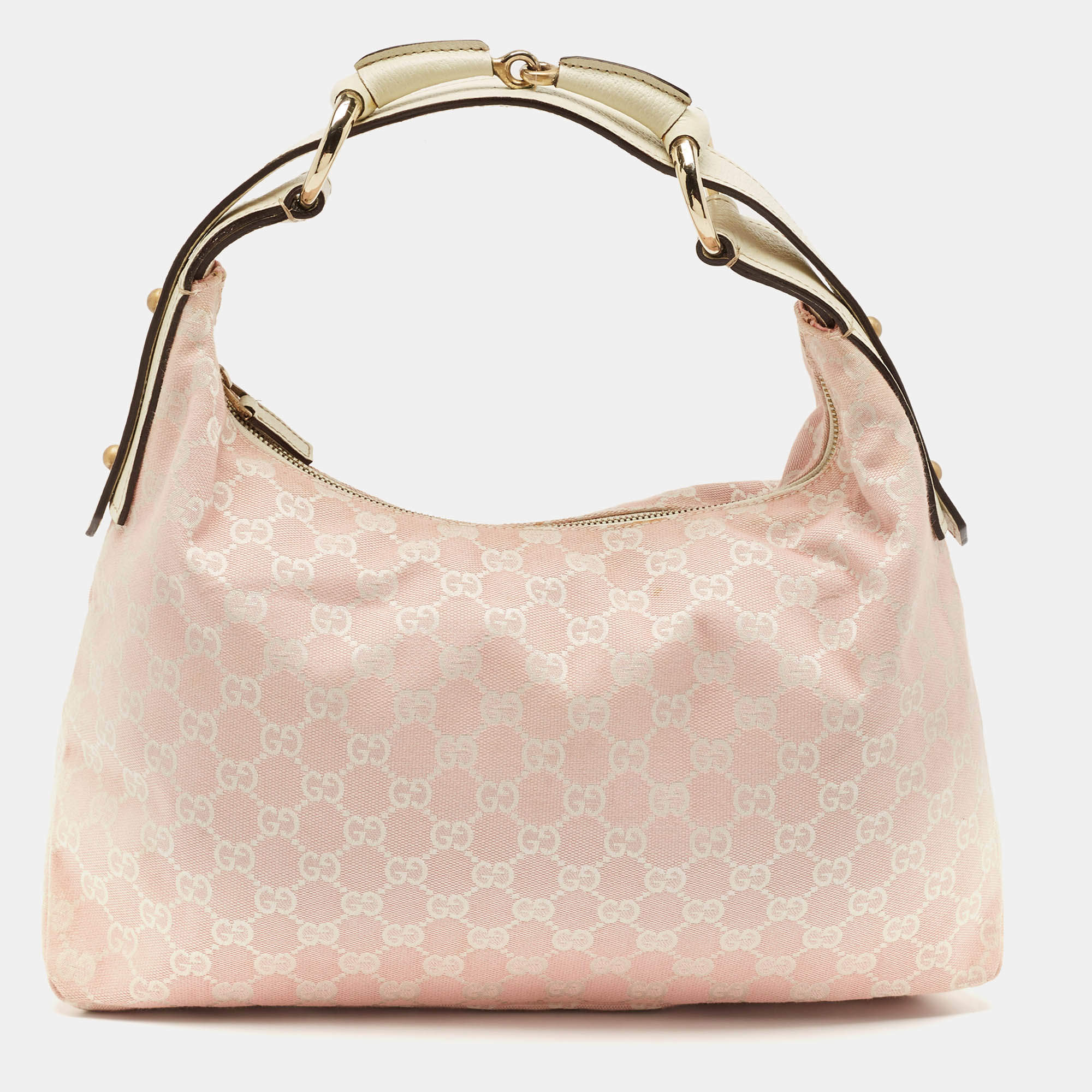 Pre Owned Gucci Pink/Off White GG Canvas Medium Horsebit Hobo