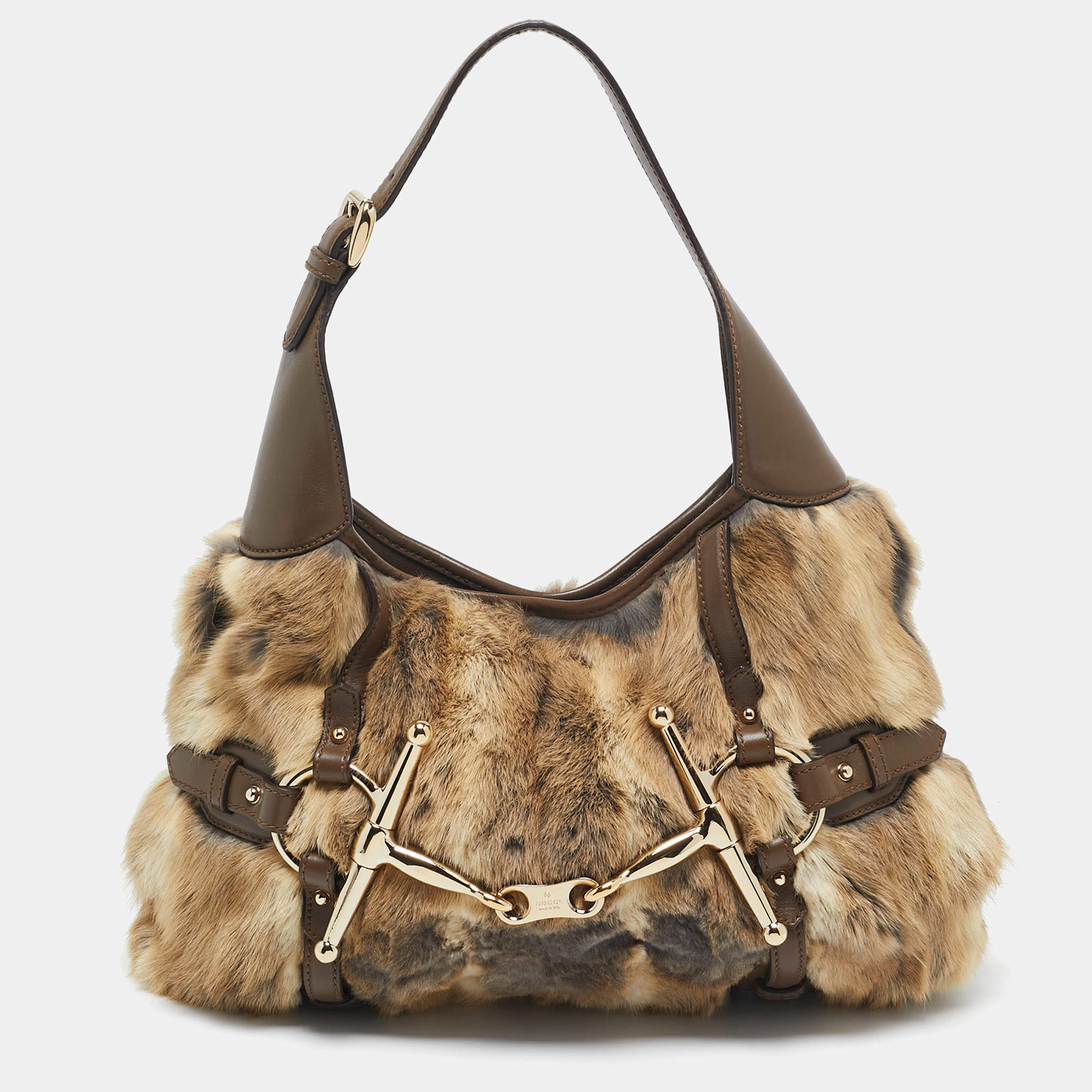 Pre Owned Gucci Beige/Brown Leather and Rabbit Fur 85th Anniversary Hobo