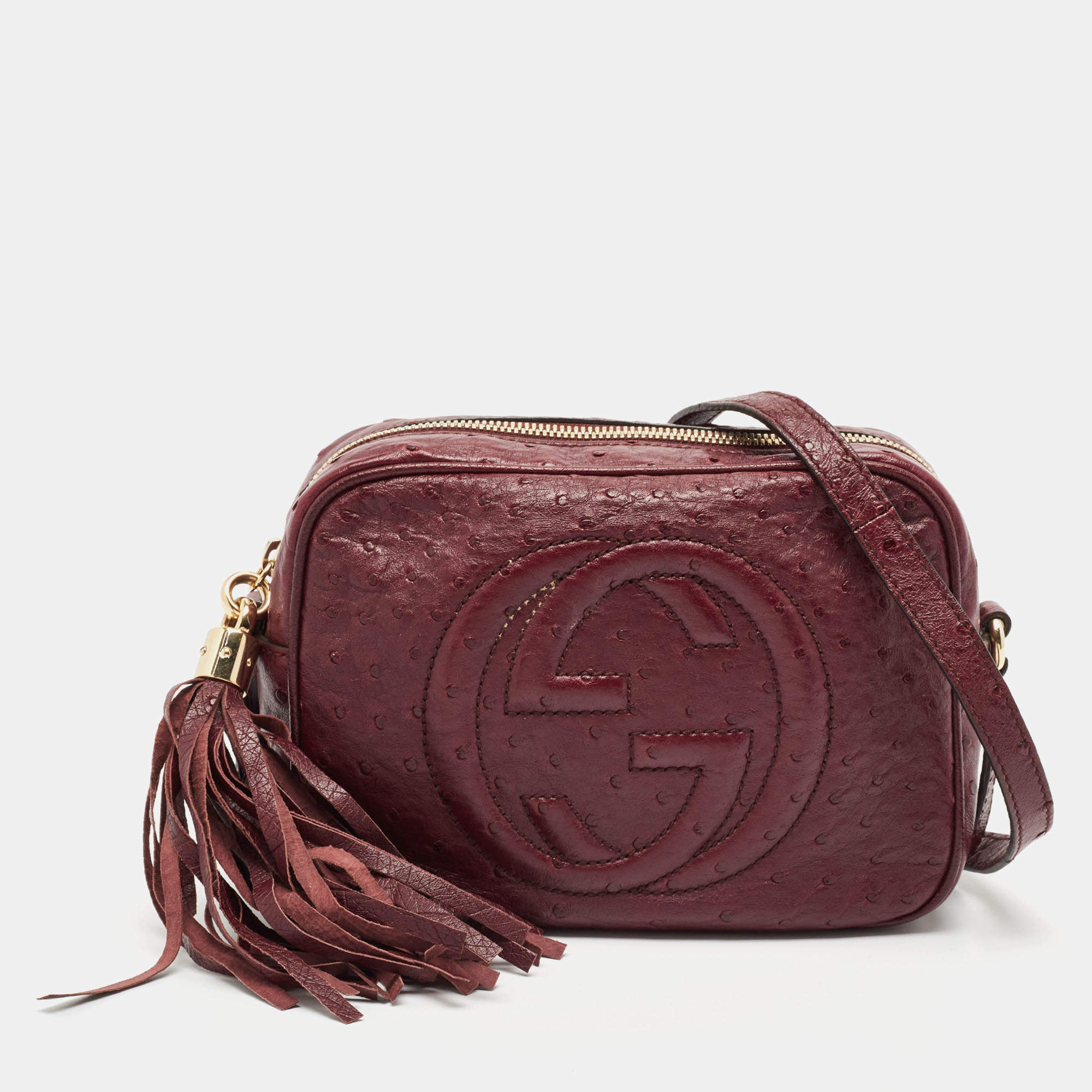 Gucci Burgundy Ostrich Leather Soho Disco Camera Crossbody Bag