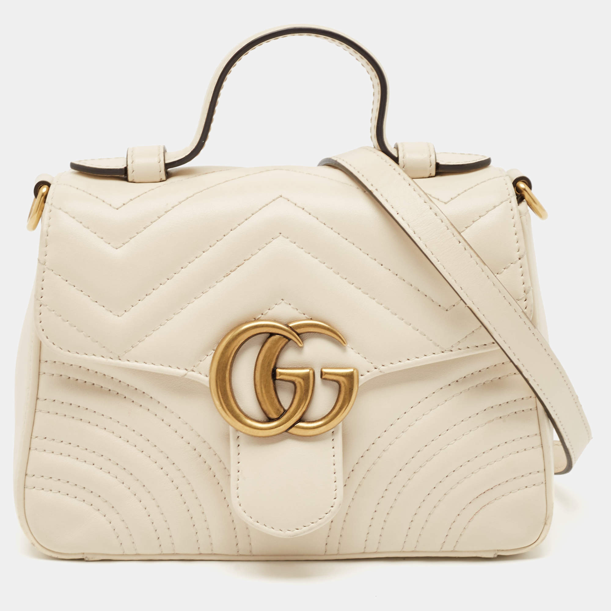 Pre Owned Gucci Off-White Matelassé Leather Mini GG Marmont Top Handle Bag