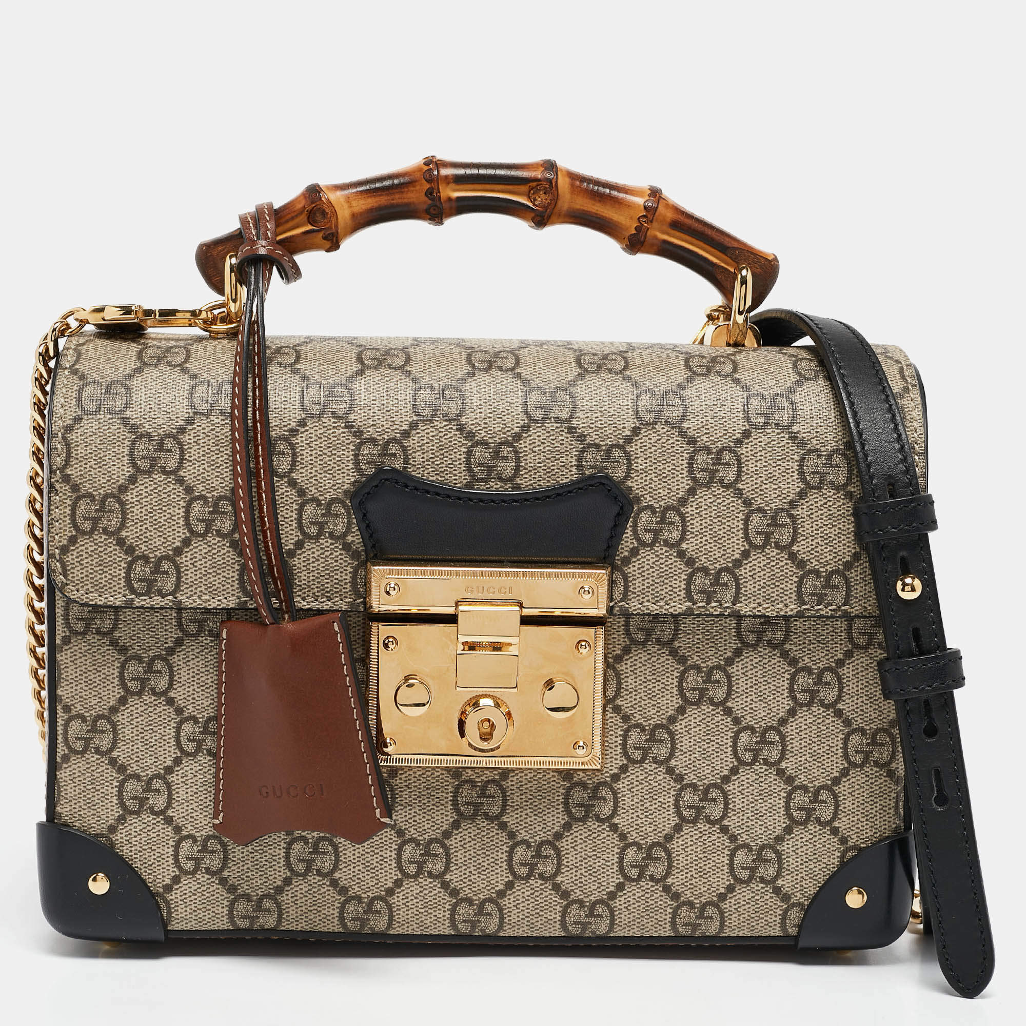 Pre Owned Gucci Beige/Black GG Supreme Canvas Small Bamboo Padlock Top Handle Bag