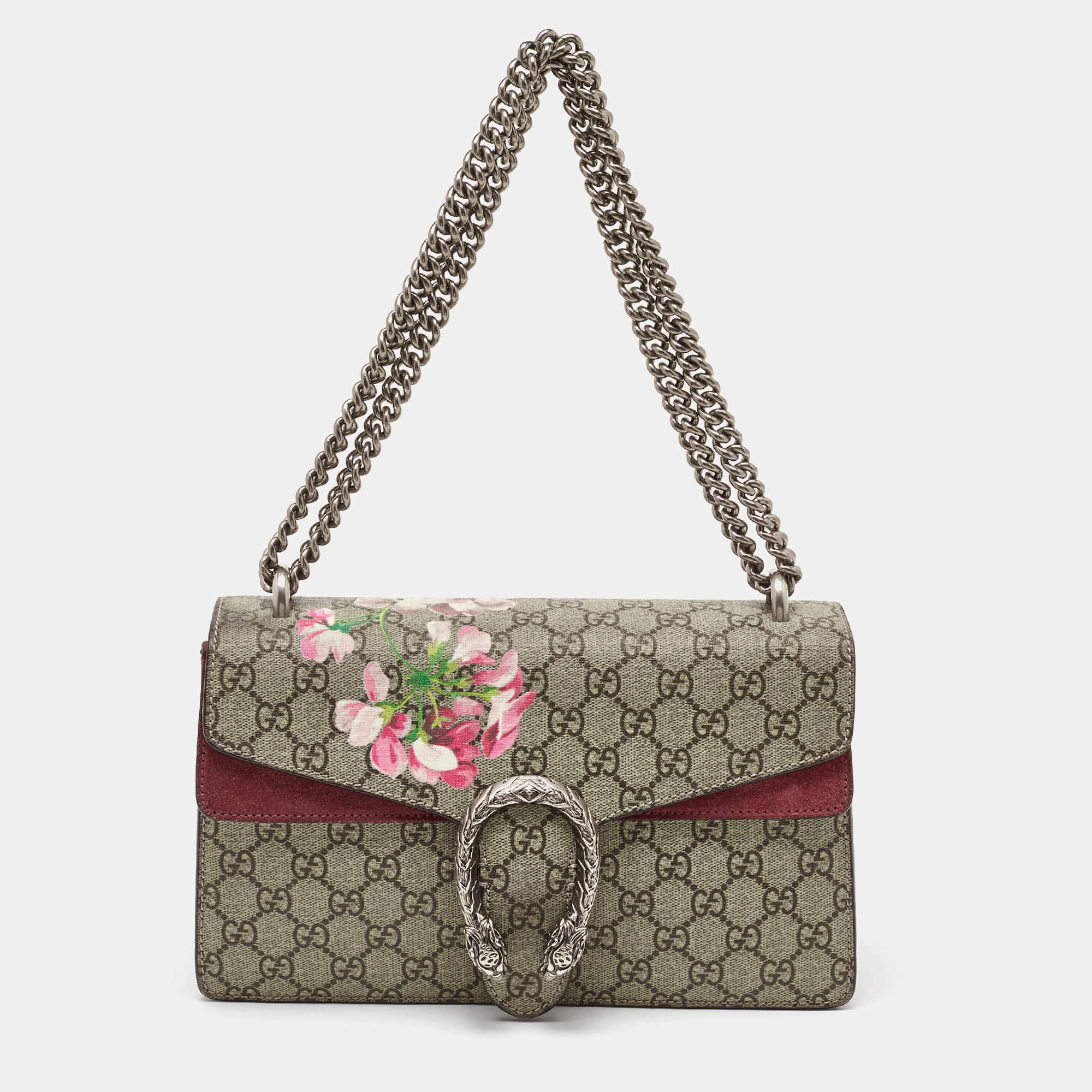 Gucci Beige/Burgundy GG Supreme Canvas and Suede Dionysus Blooms Shoulder Bag