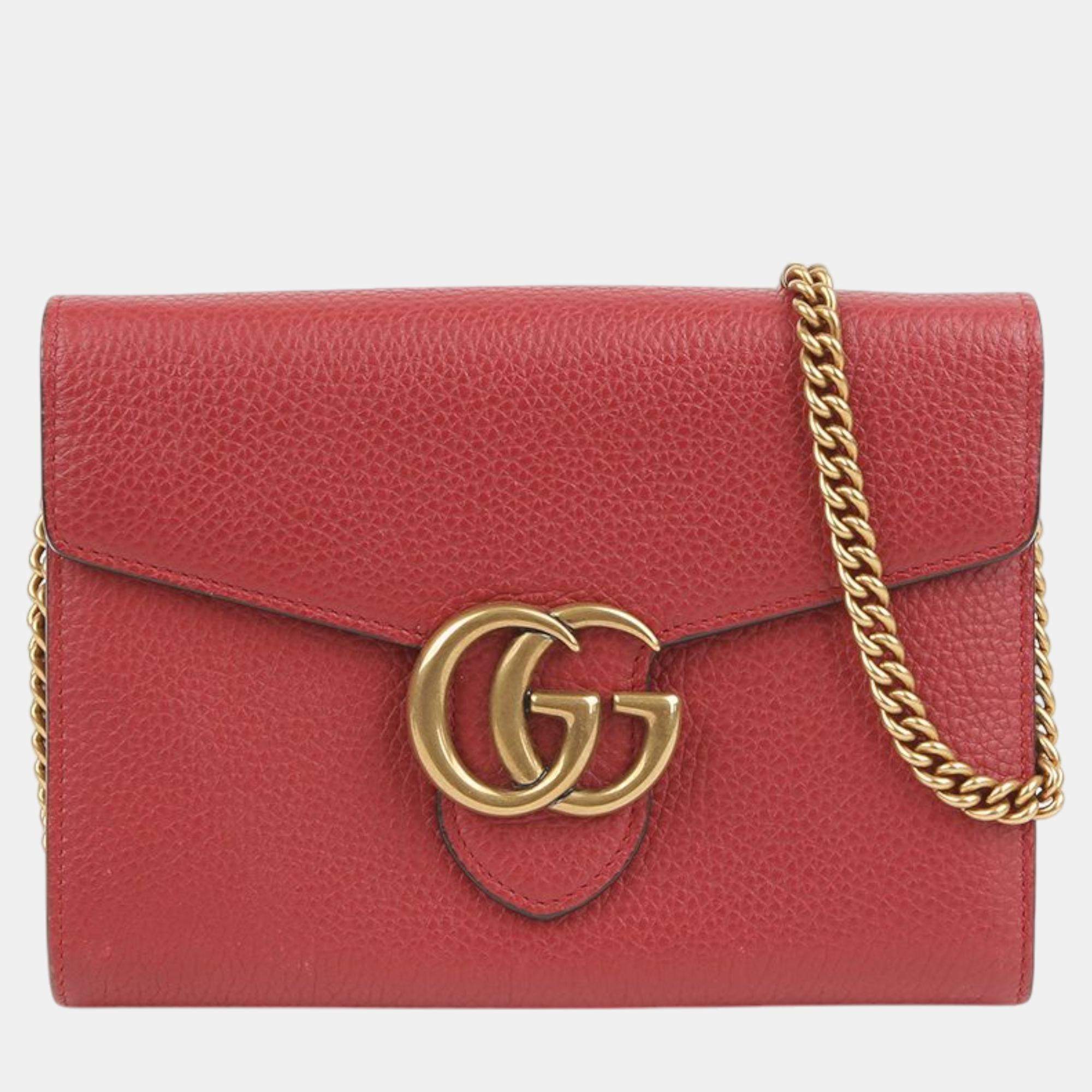 Gucci Red Leather GG Marmont Chain Shoulder Bag