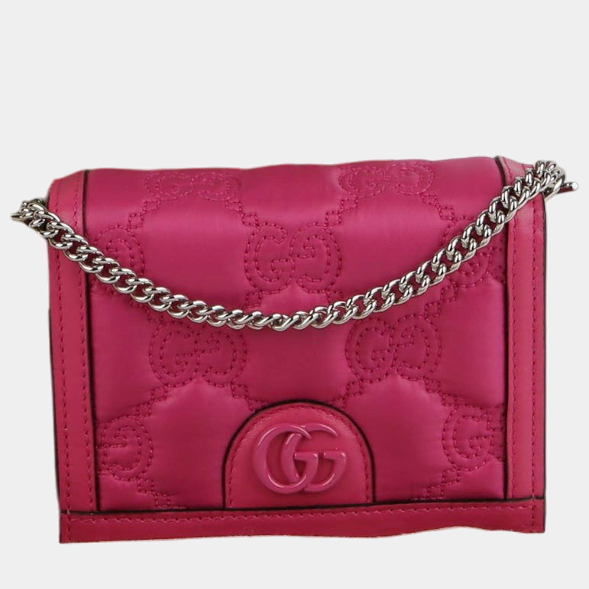 Gucci Pink Nylon Calfskin Enamel GG Matelasse Mini Chain Bag 
