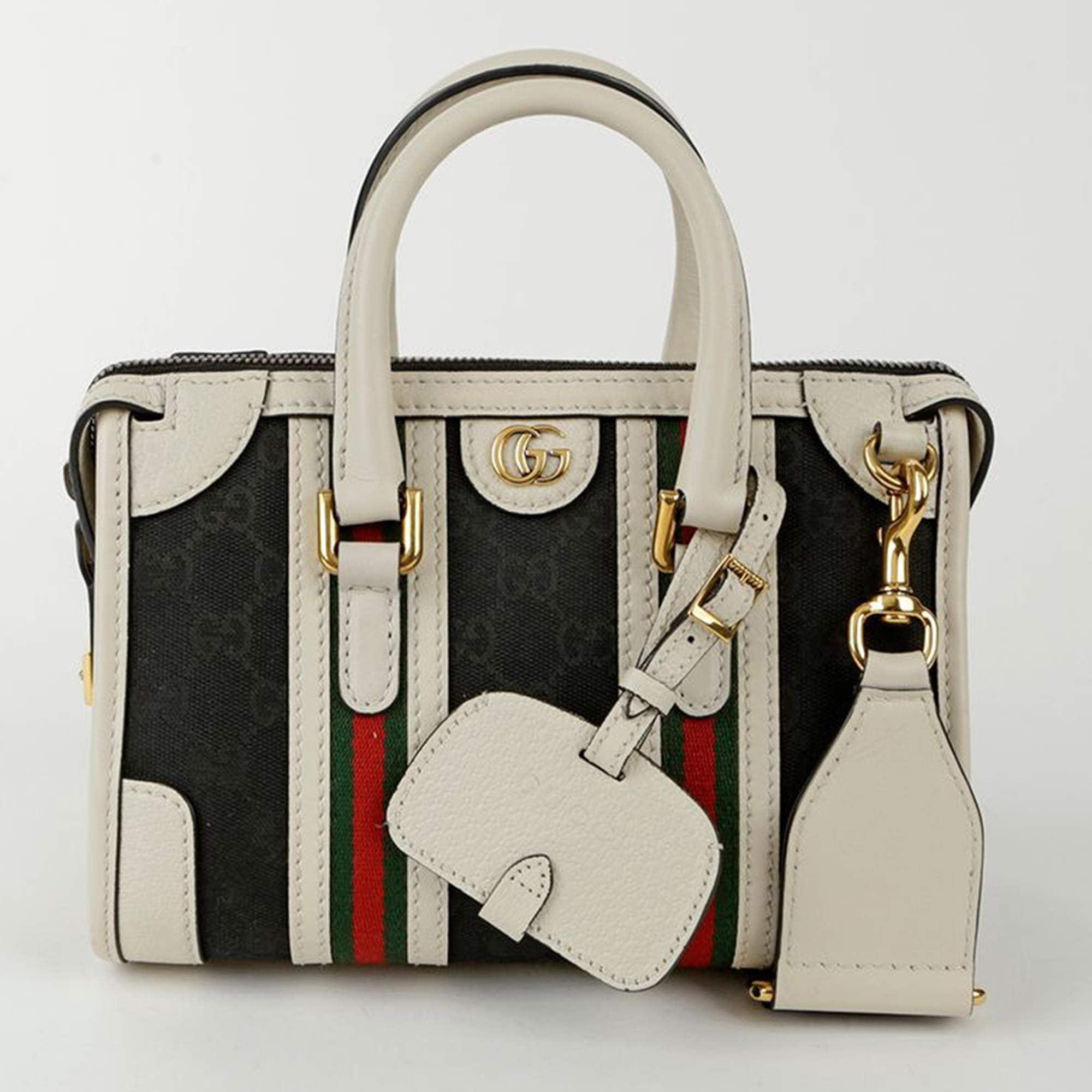 Gucci GG Canvas with Leather Mini Double G Web Top Handle Bag 