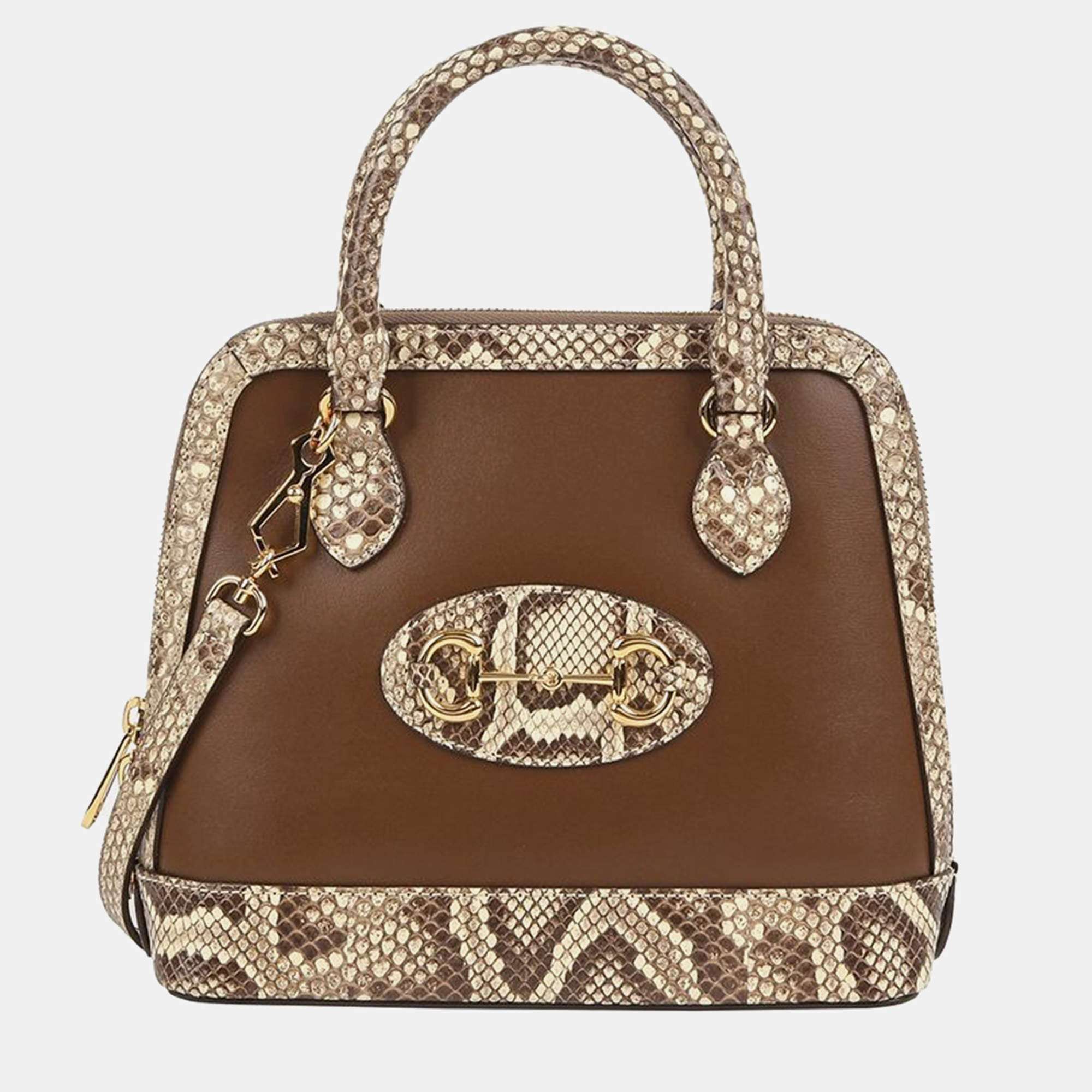 Gucci Small Brown Leather Python Trim Horsebit 1955 Top Handle Bag