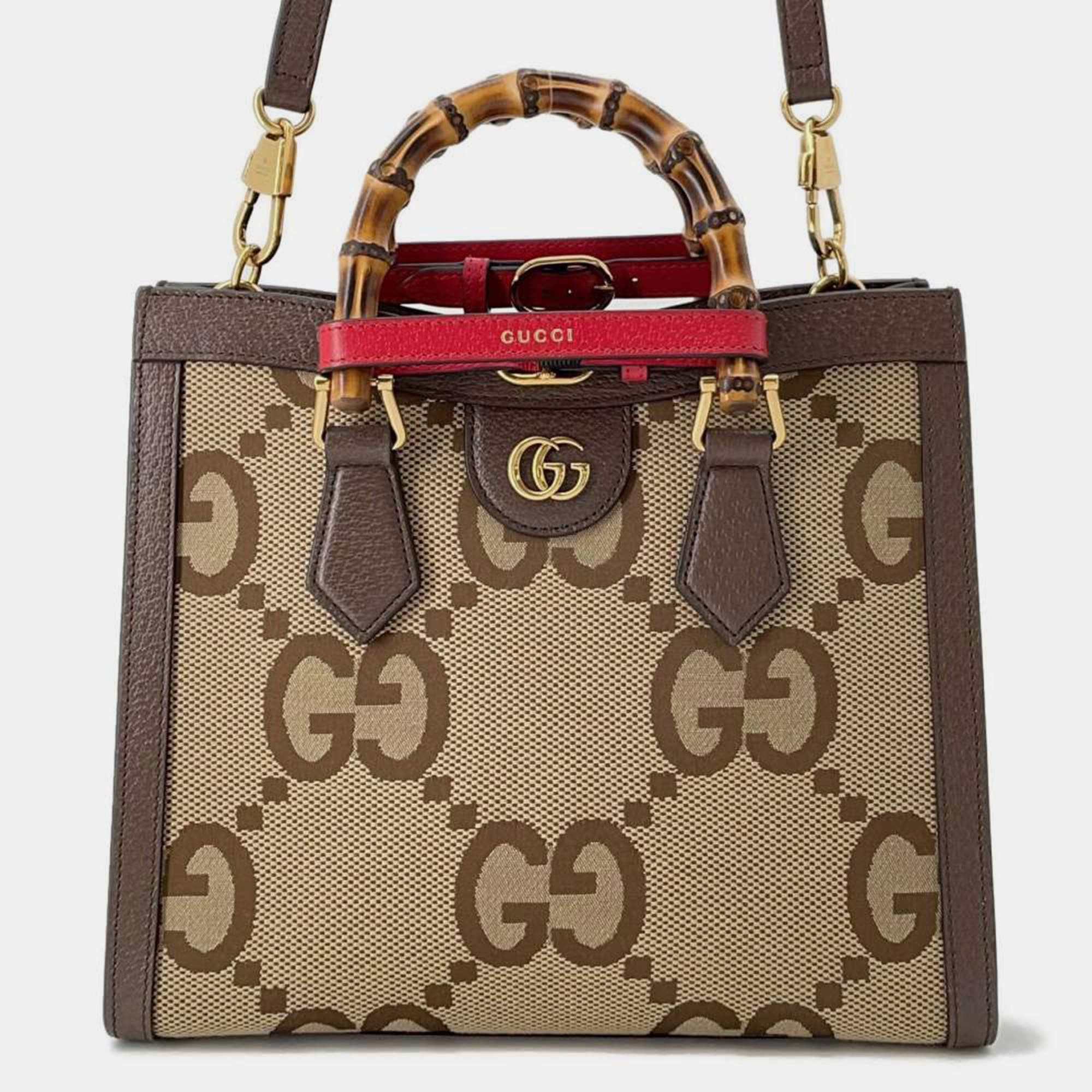 Gucci Beige/Brown Canvas Leather Jumbo GG Bamboo Tote Bag