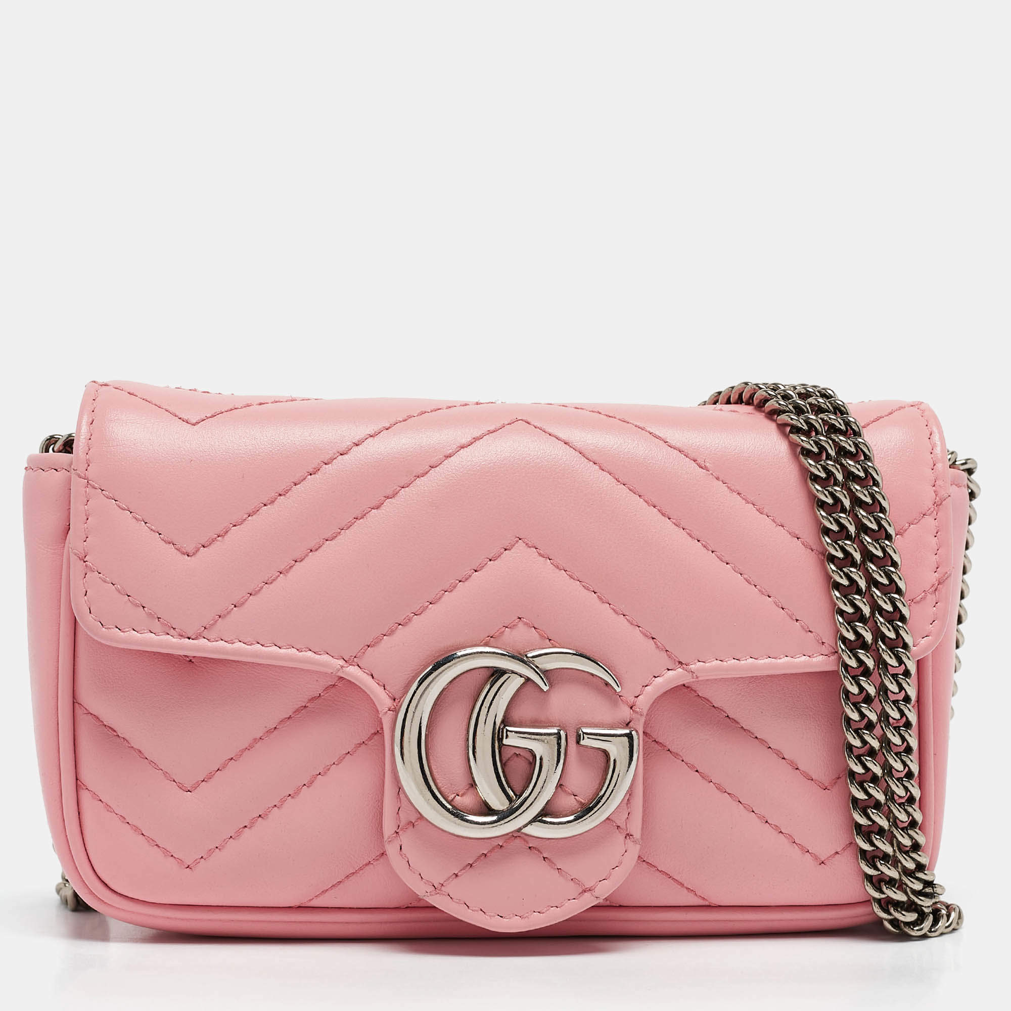 Pre Owned Gucci Pink Matelassé Leather GG Marmont Super Mini Shoulder Bag