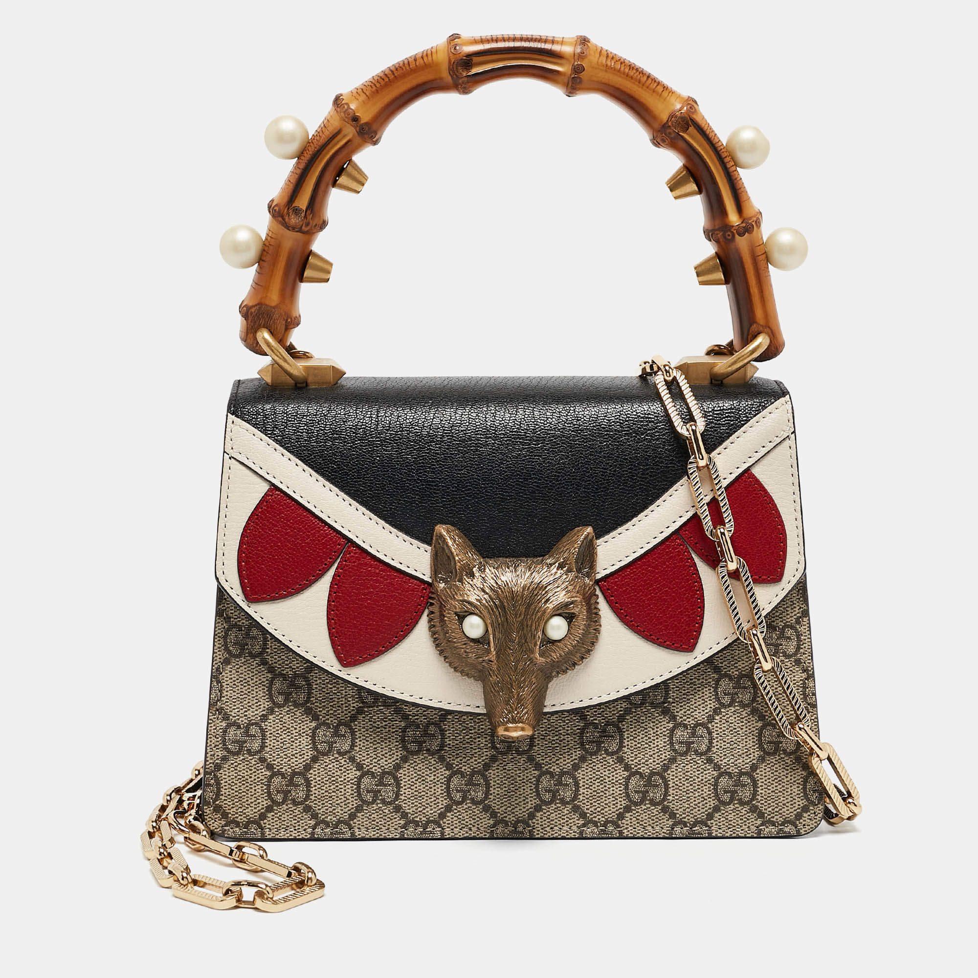 Gucci Multicolor GG Canvas Mini Pearl Fox Bamboo Top Handle Bag 