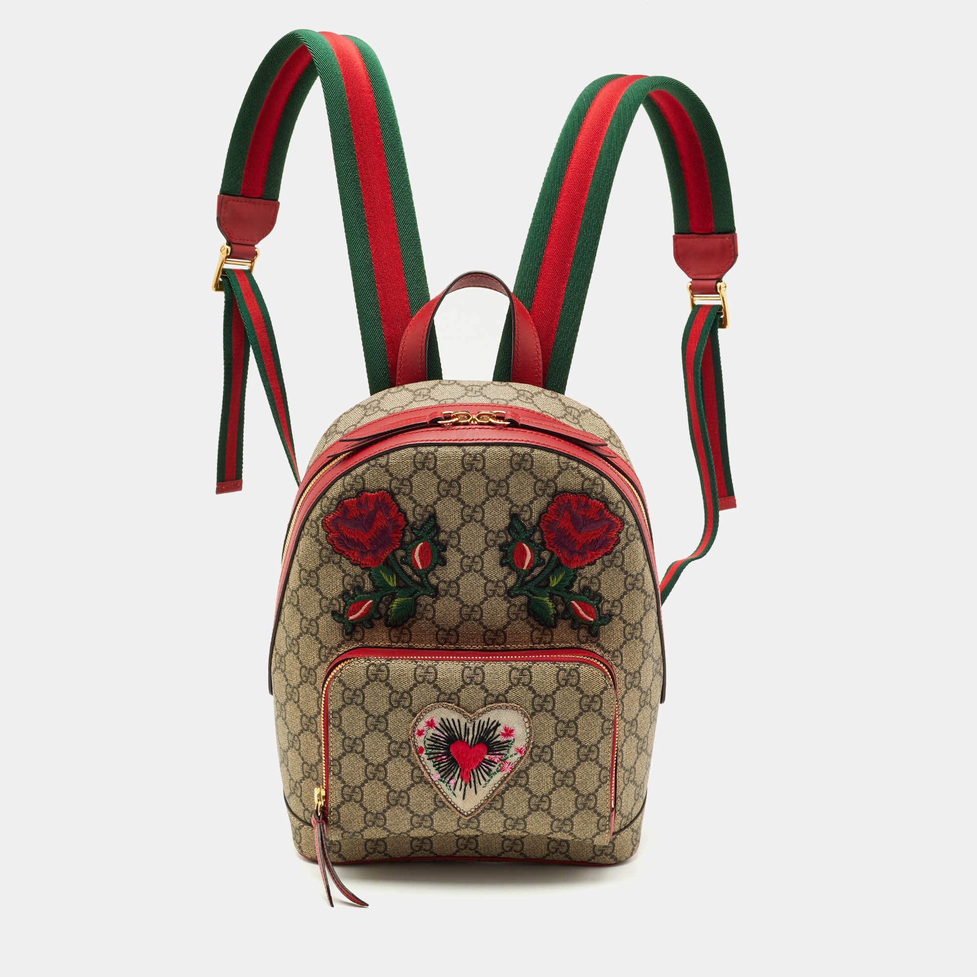 Pre Owned Gucci Red/Beige GG Supreme Canvas Small Embroidered Limited Edition Backpack