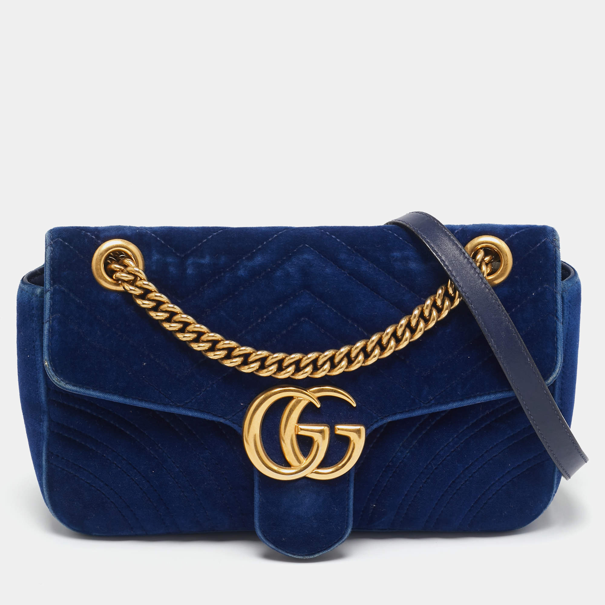 Pre Owned Gucci Navy Blue Matelassé Velvet and Leather Small GG Marmont Shoulder Bag