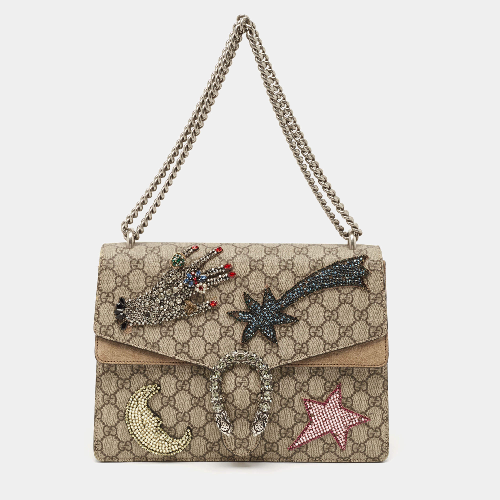 Gucci Beige GG Supreme Canvas and Suede Medium Crystals Embellished Dionysus Shoulder Bag