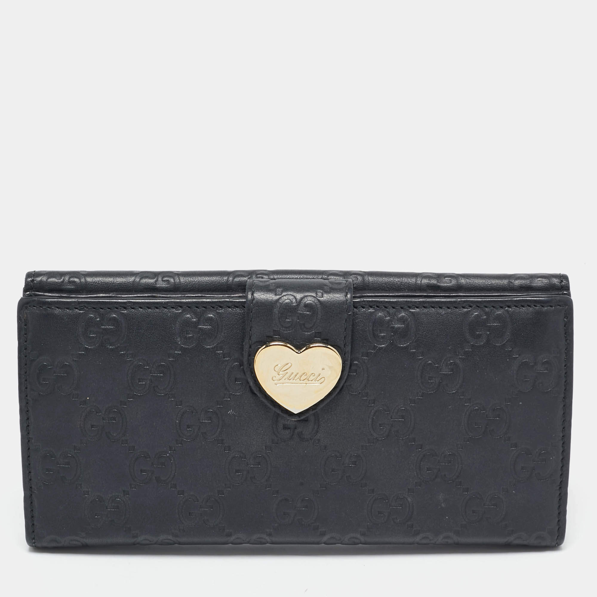 Pre Owned Gucci Black Guccissima Leather Heart Flap Continental Wallet