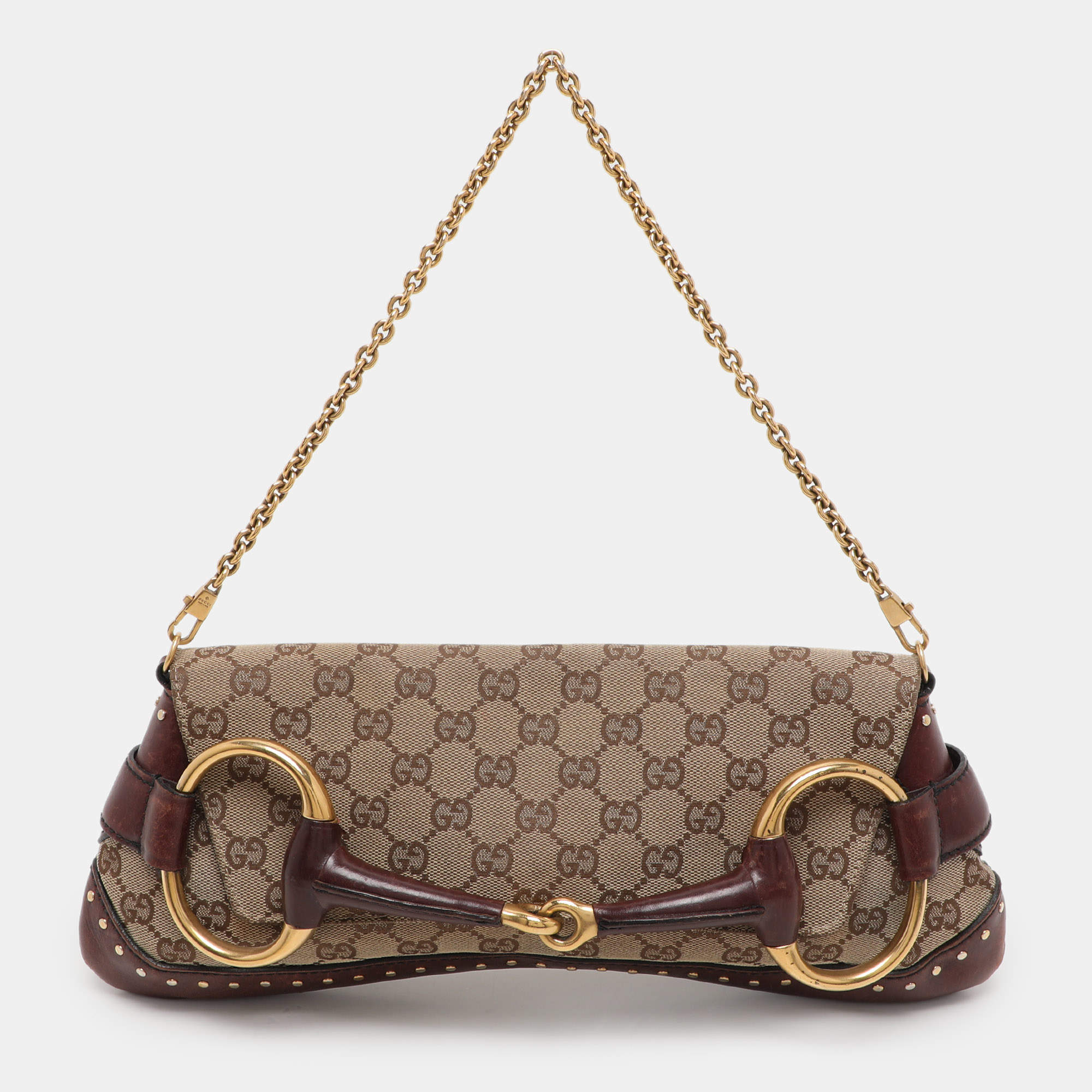 Pre Owned Gucci Beige/Burgundy GG Canvas and Leather Horsebit Clutch