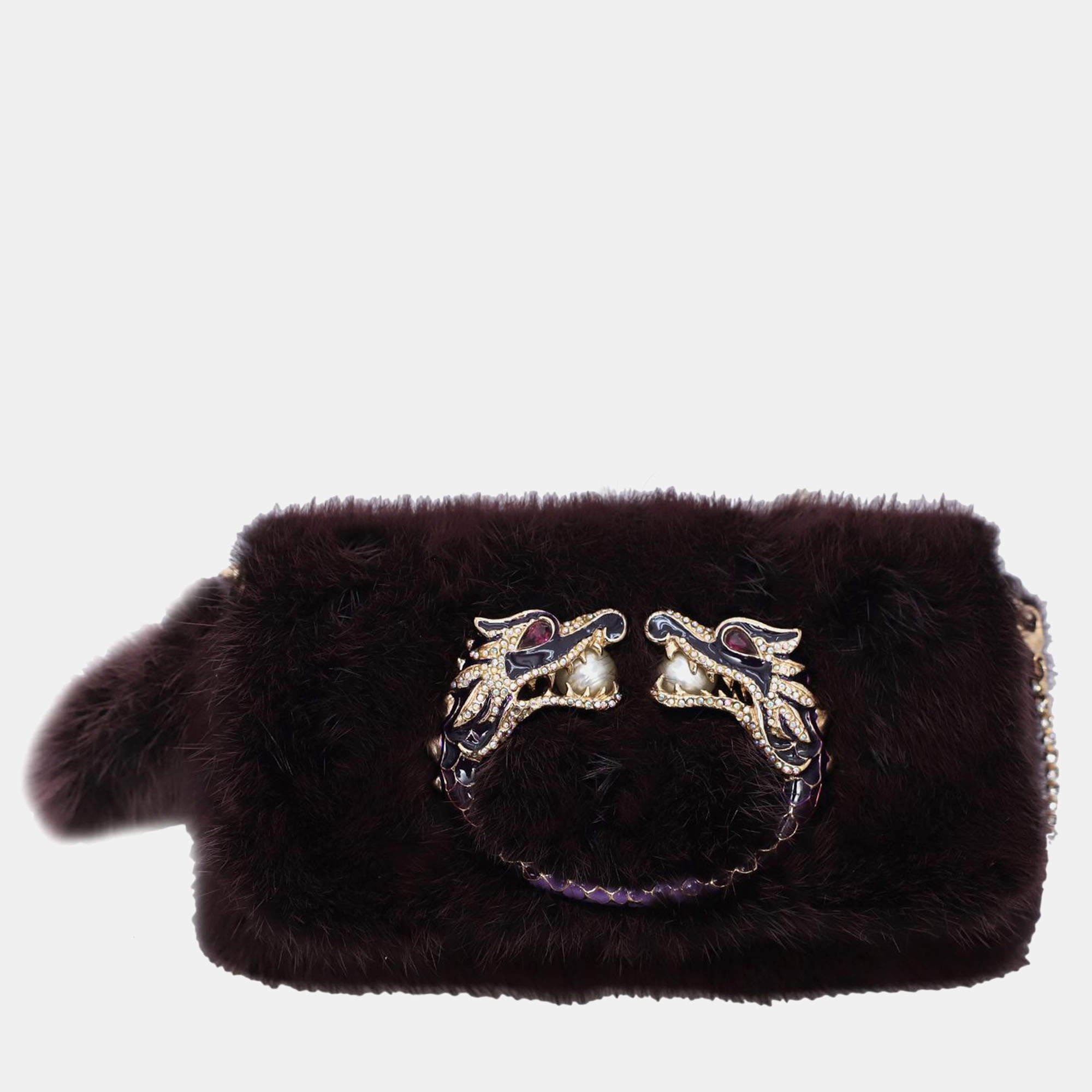 Gucci Dragon Embellished Mink Fur Evening Bag