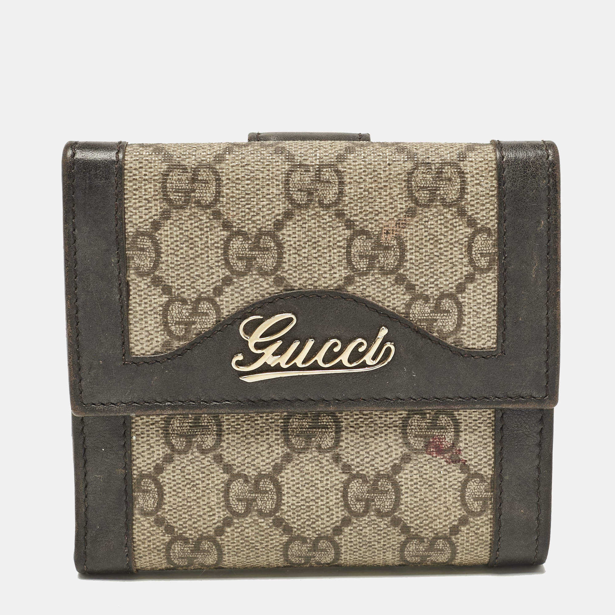 Pre Owned Gucci Brown/Beige GG Supreme Canvas and Leather Logo Flap French Wallet