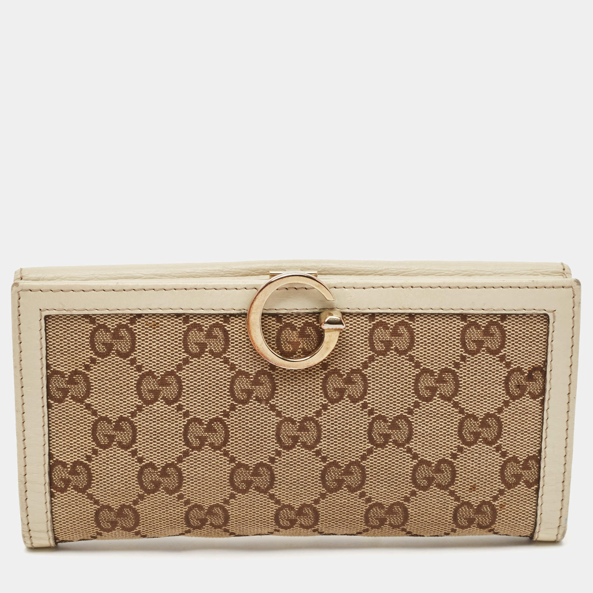 Gucci White/Beige GG Canvas and Leather Icon Bit Flap Continental Wallet