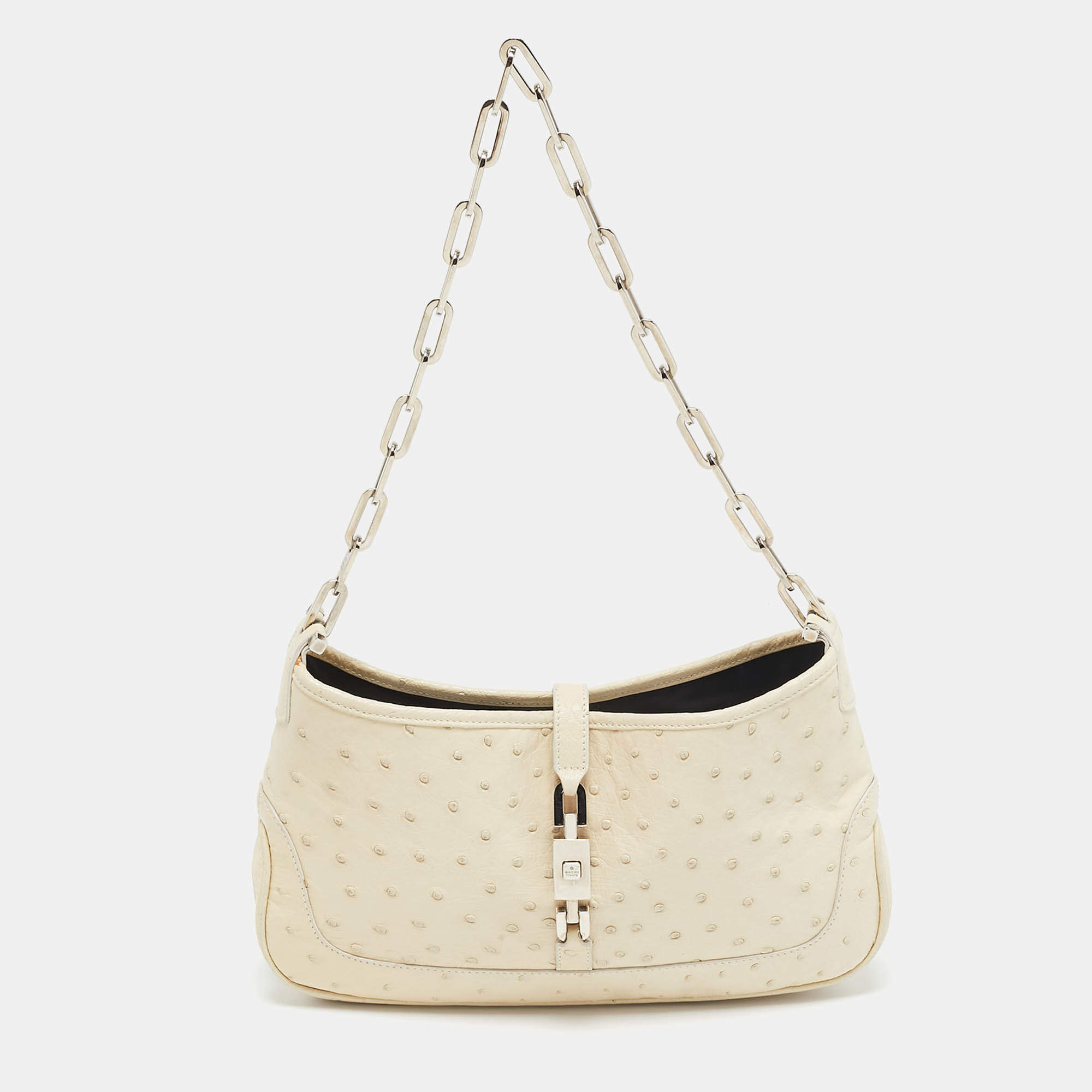 Pre Owned Gucci Ivory Ostrich Leather Jackie O Chain Hobo