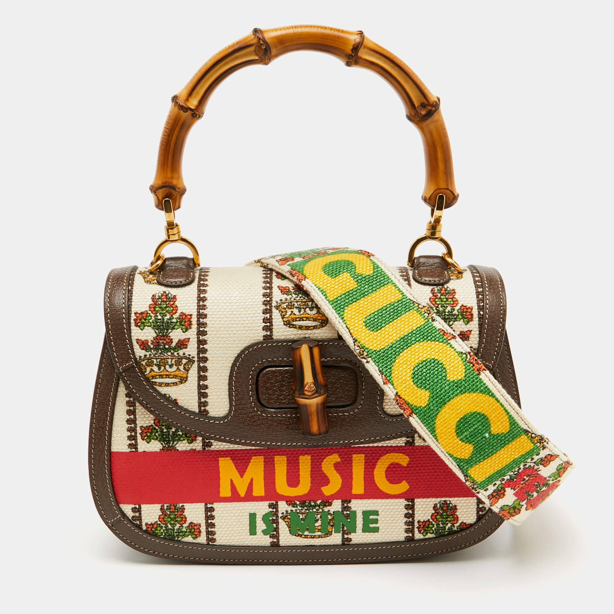 Gucci Multicolour Canvas and Leather Music is Mine Bamboo Flap Top Handle Bag