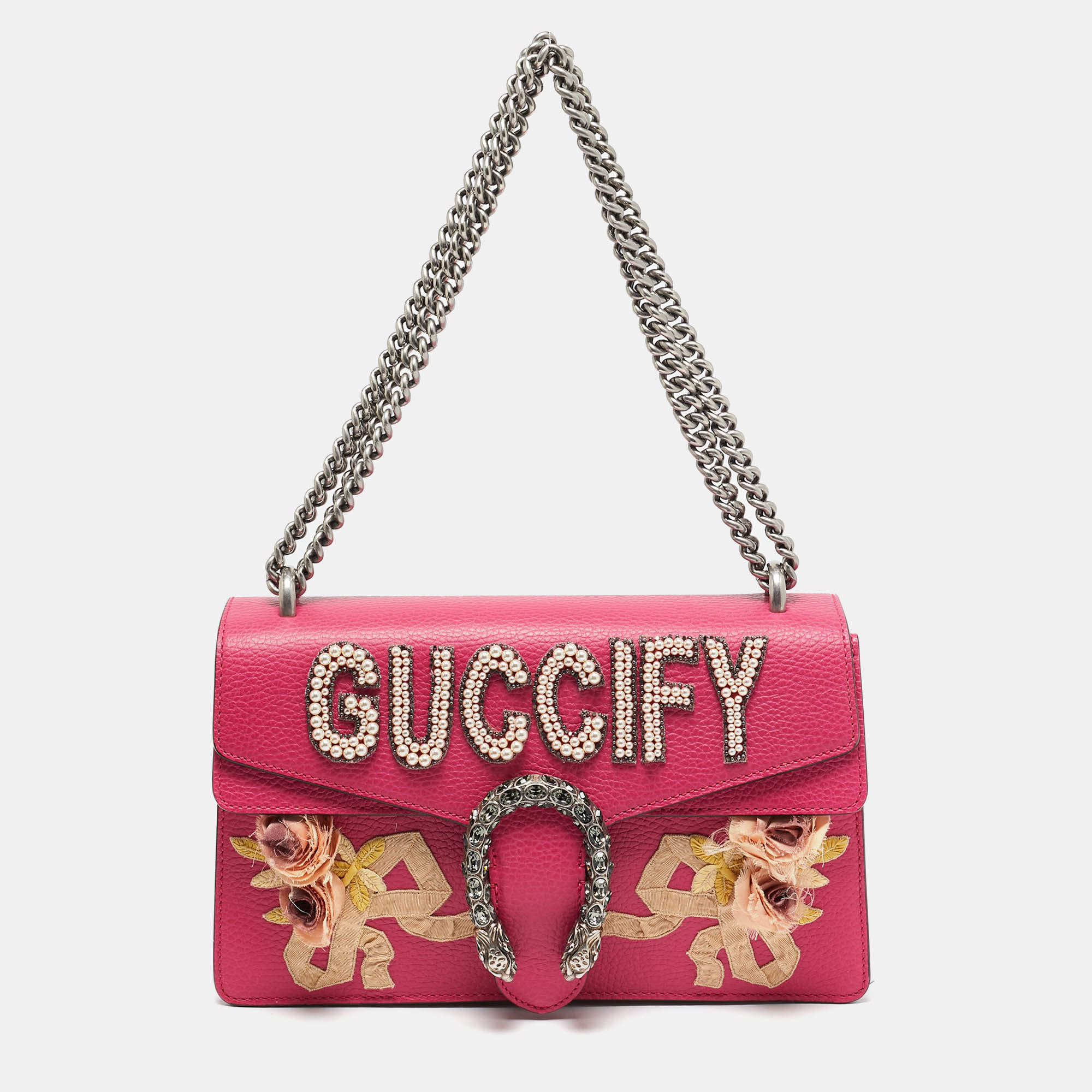 Gucci Pink Leather Small Guccify Pearl Embellished Dionysus Shoulder Bag