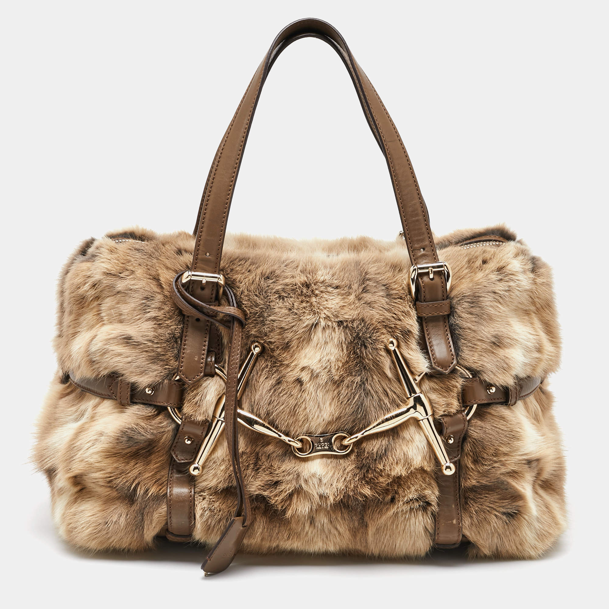 Gucci Beige/Brown Leather and Rabbit Fur 85th Anniversary Handle Bag