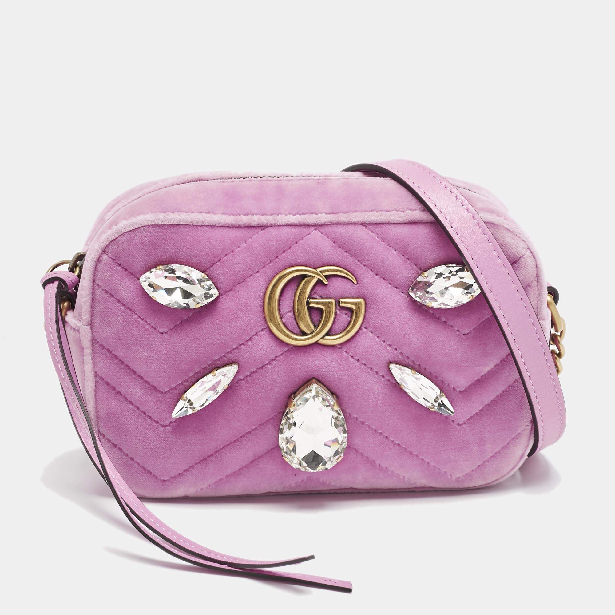 Pre Owned Gucci Pink Matelassé Velvet Mini Faux Diamond GG Marmont Camera Bag