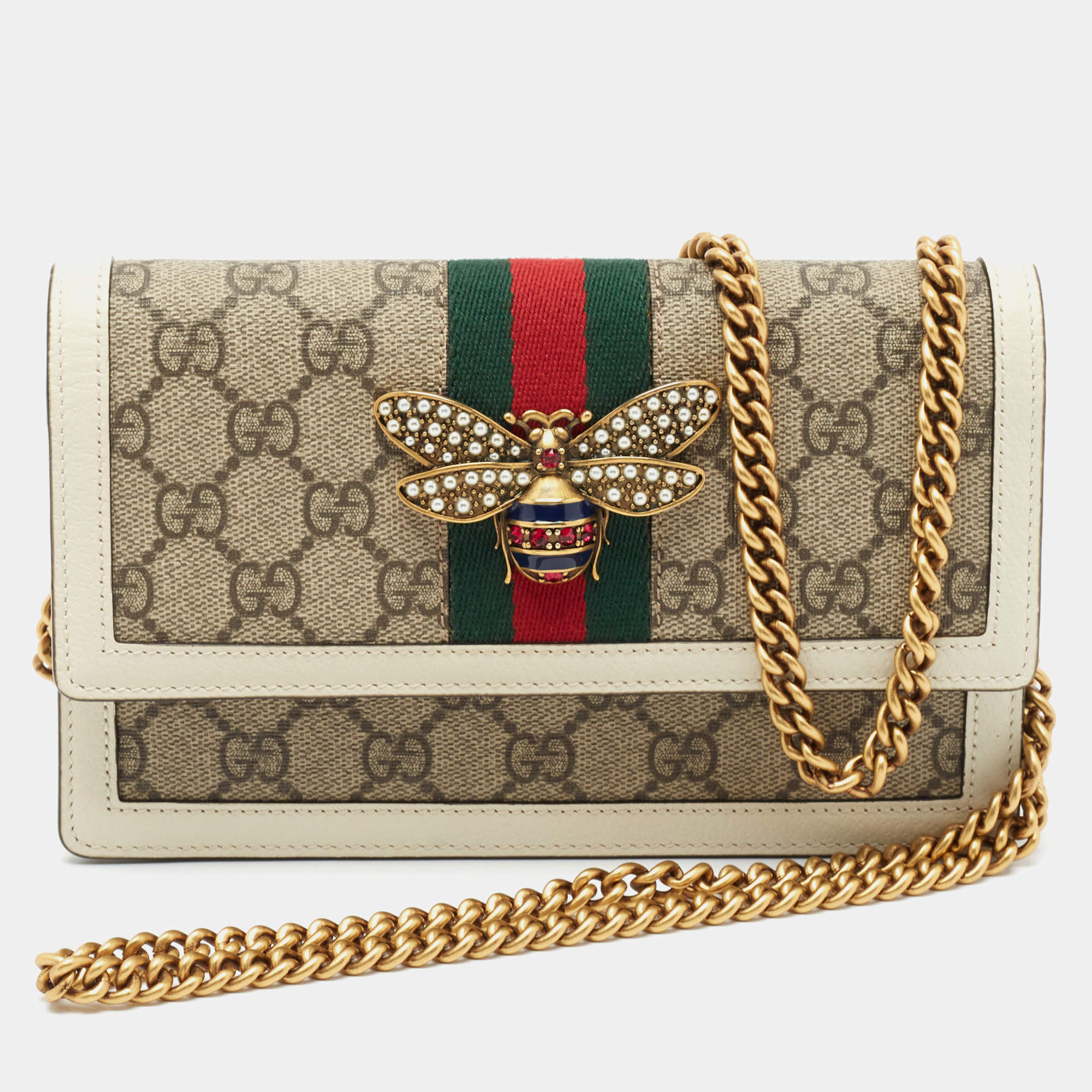 Gucci White/Beige GG Supreme Canvas Web Queen Margaret Wallet On Chain