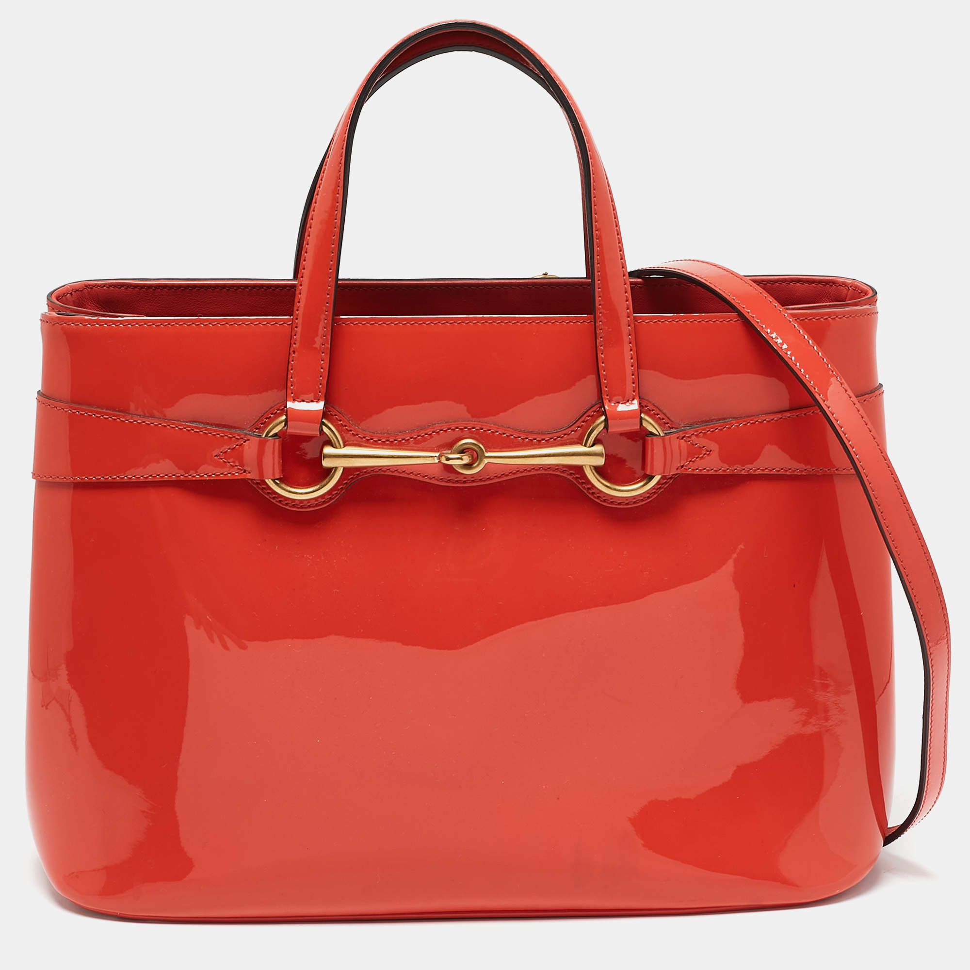 Pre Owned Gucci Orange Patent Leather Medium Bright Bit Tote