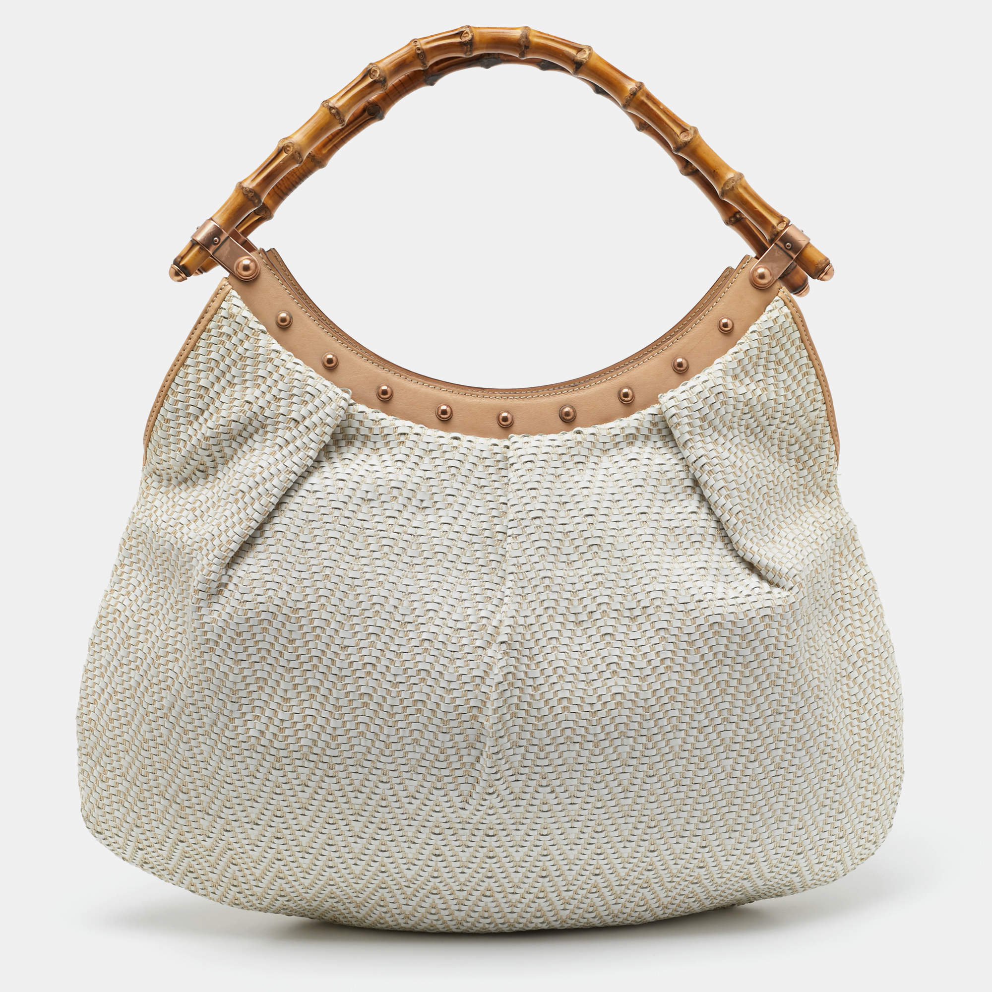Gucci White/Beige Woven Leather Bamboo Handle Hobo