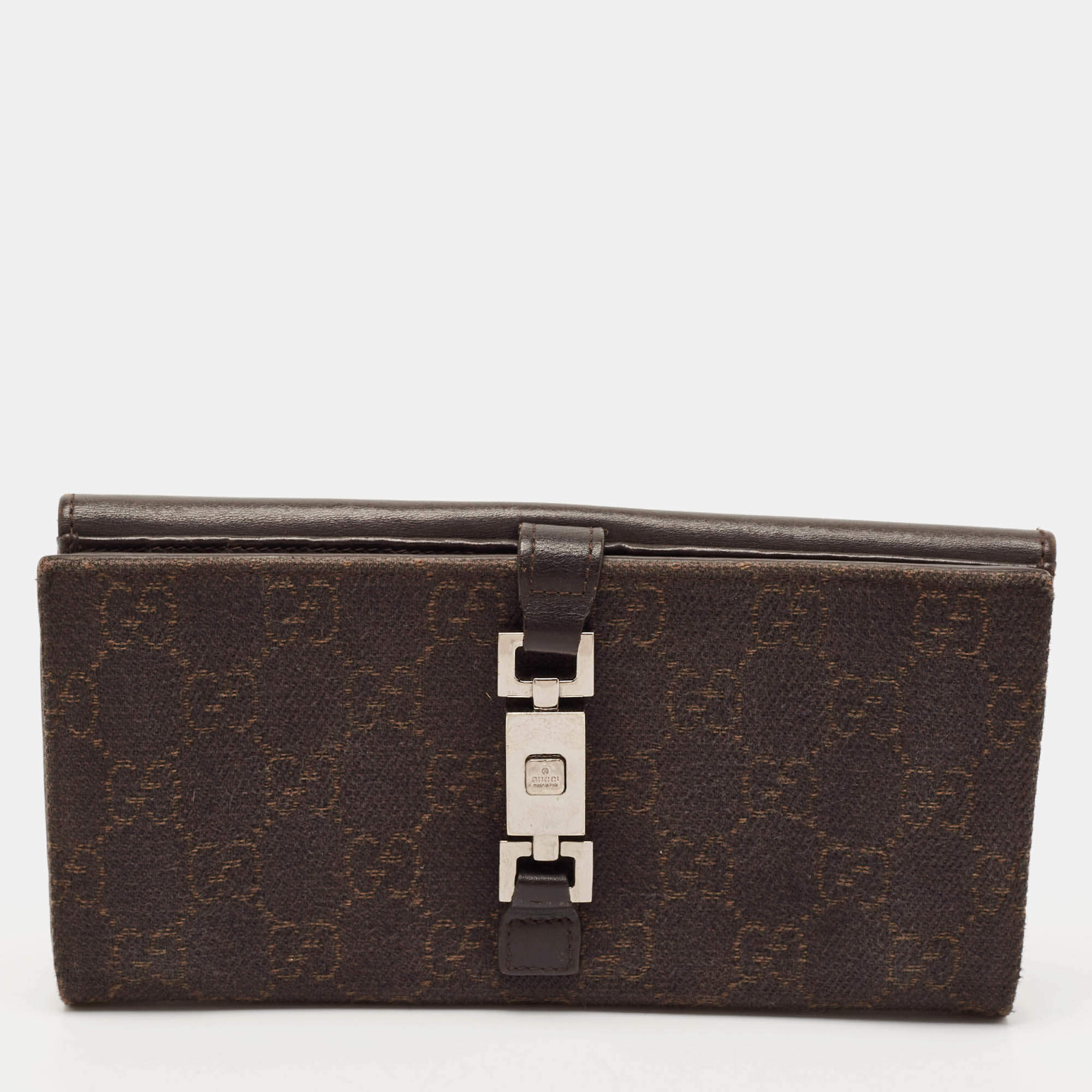 Gucci Dark Brown GG Canvas and Leather Jackie Bardot Continental Wallet
