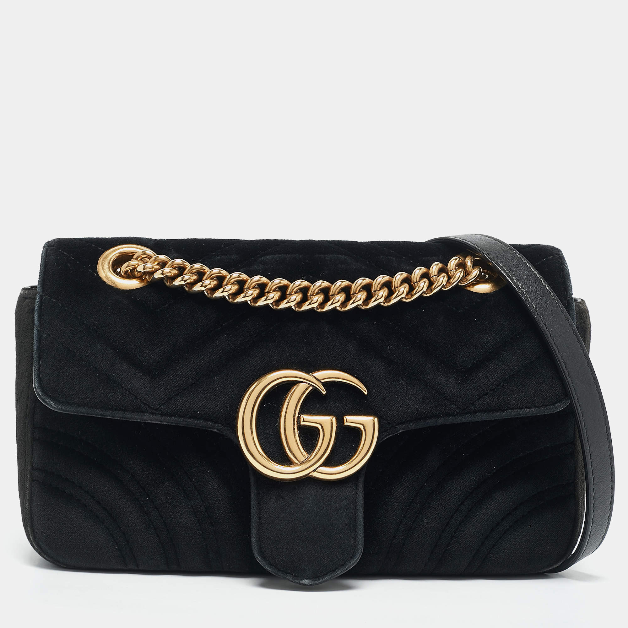 Pre Owned Gucci Black Matelassé Velvet Mini GG Marmont Shoulder Bag