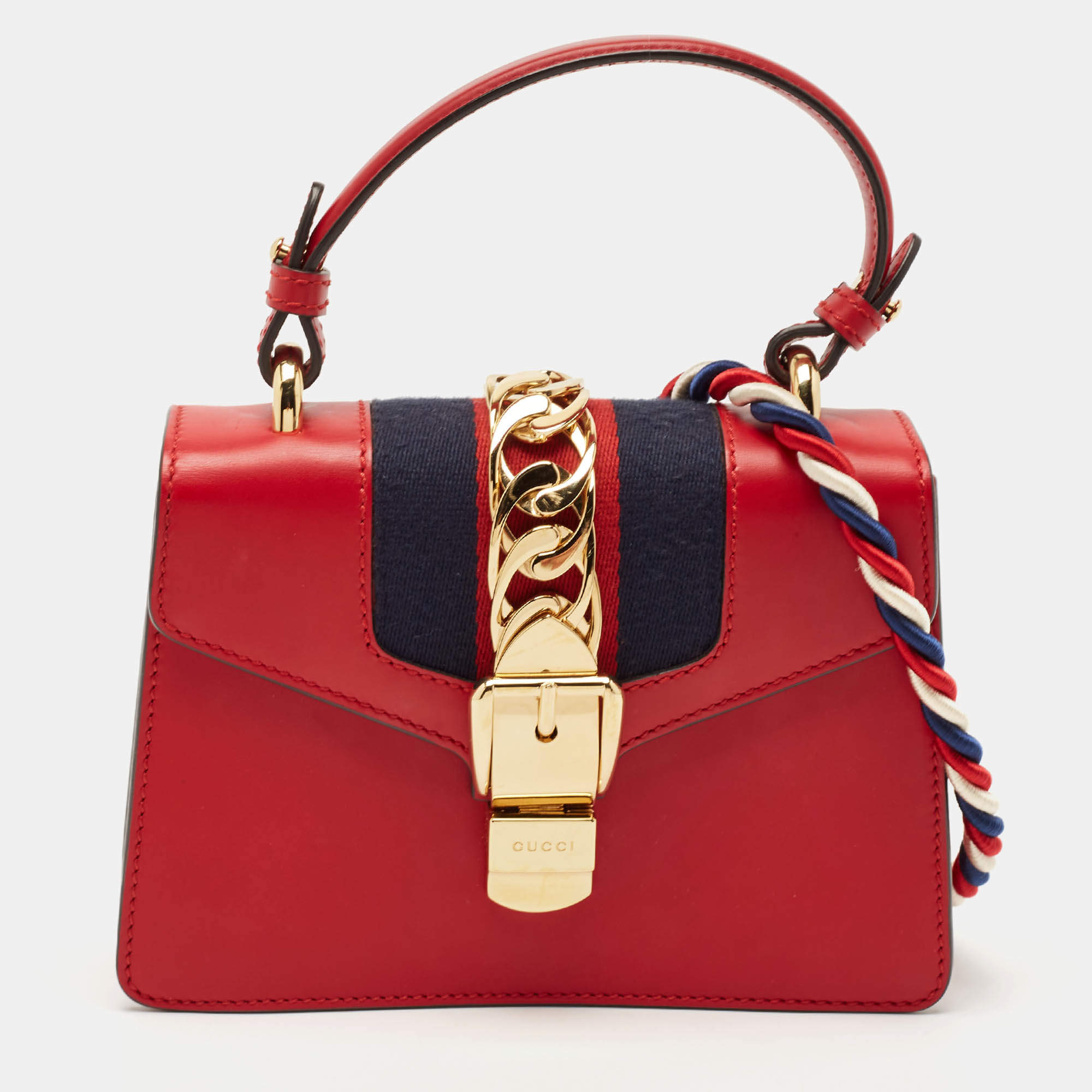Gucci Red Leather Mini Web Sylvie Top Handle Bag