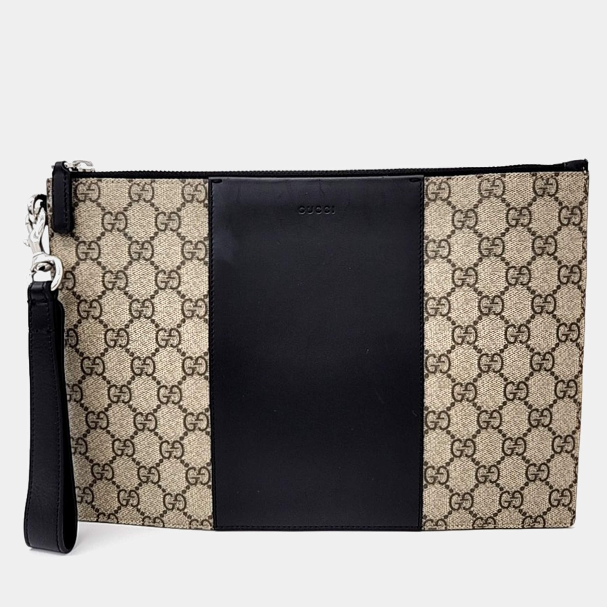 Gucci Beige Black Coated Canvas and Leather GG Supreme Clutch Bag