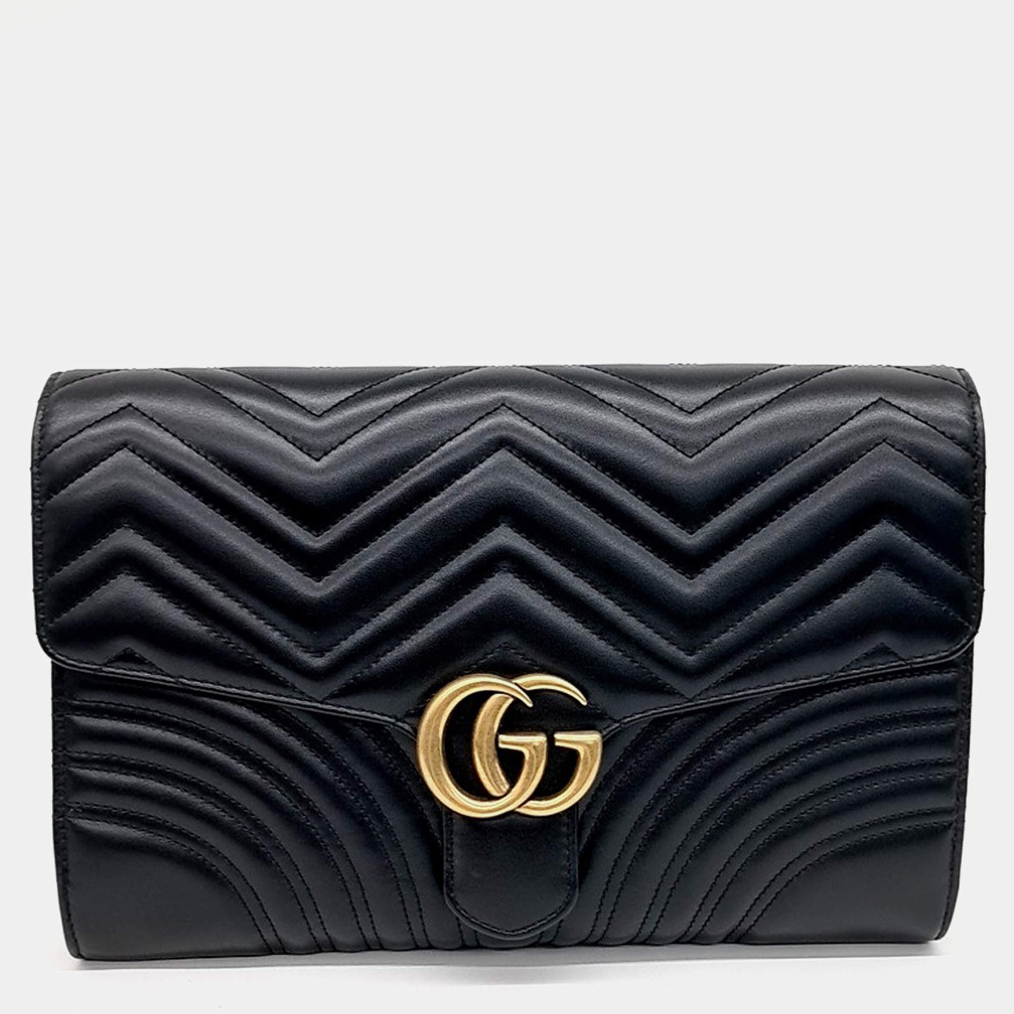 Gucci Black Leather Marmont Matelasse Clutch Bag