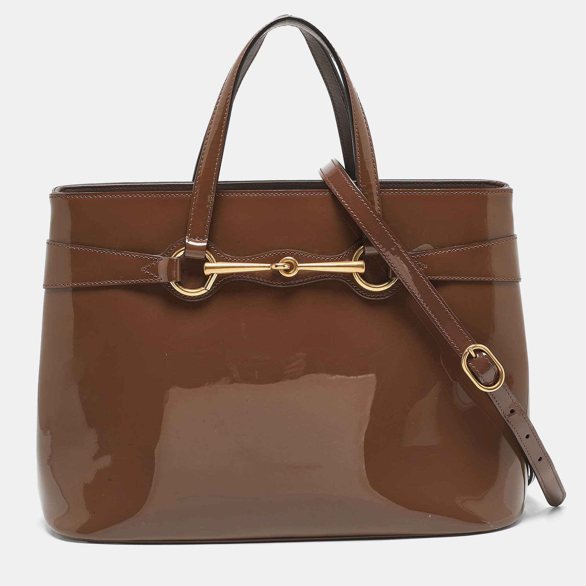 Pre Owned Gucci Beige Patent Leather Medium Bright Bit Tote