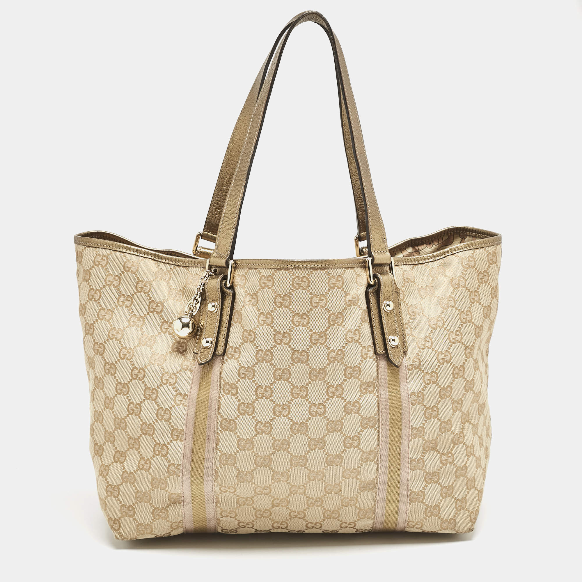 Pre Owned Gucci Gold/Beige GG Canvas and Leather Jolicoeur Tote