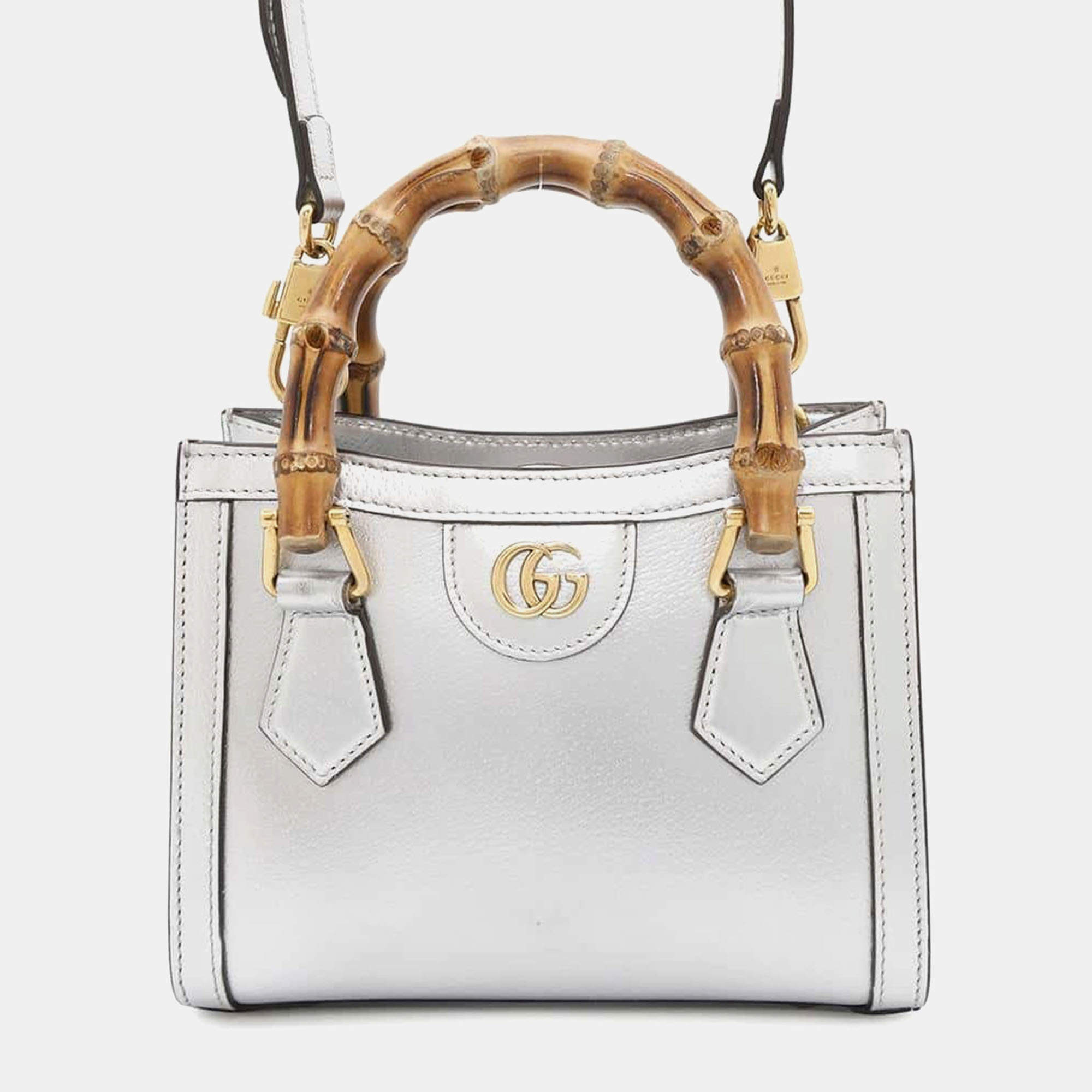  Gucci Silver Leather Mini Bamboo Diana Shoulder Bag