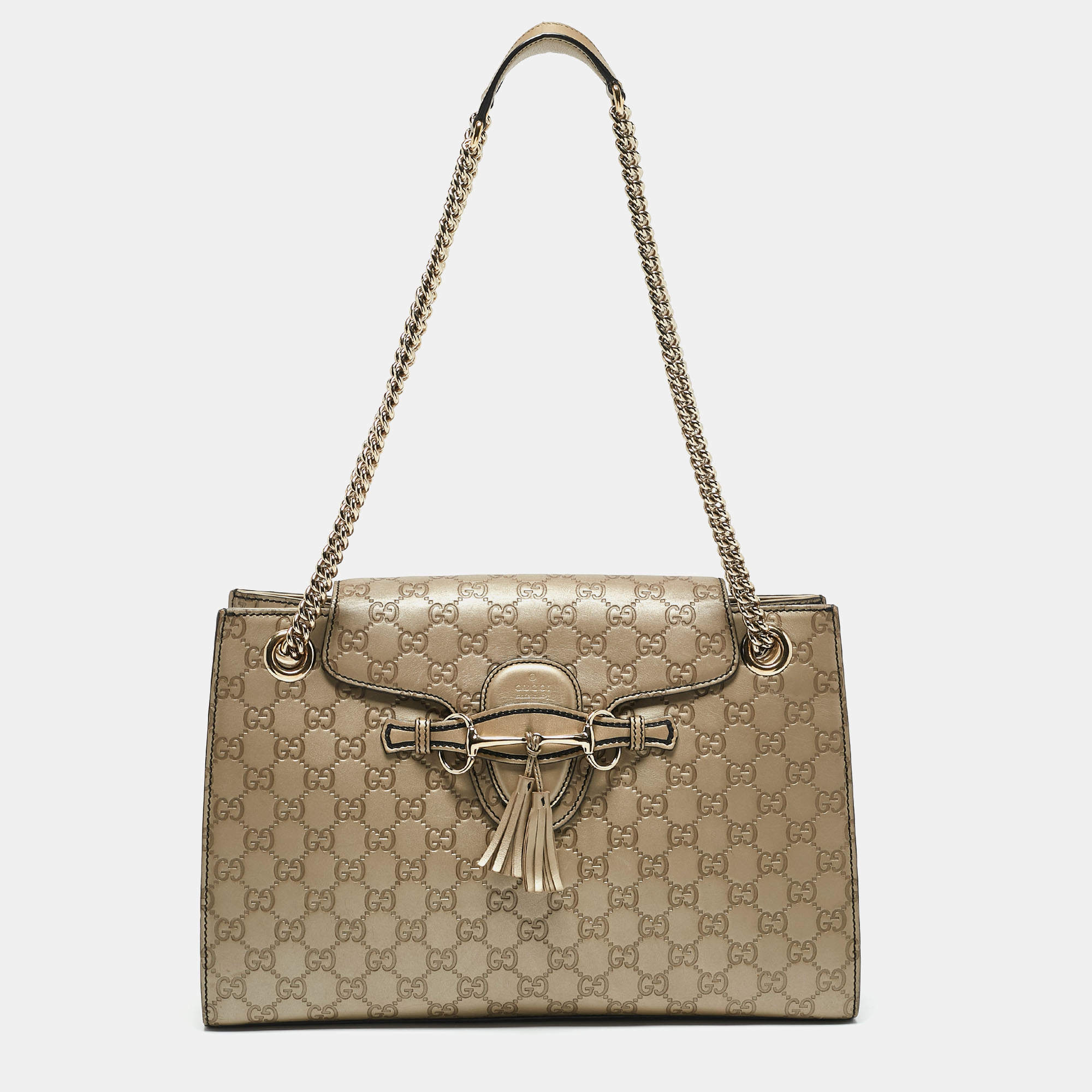 Pre Owned Gucci Beige Metallic Guccissima Leather Large Emily Chain Shoulder Bag