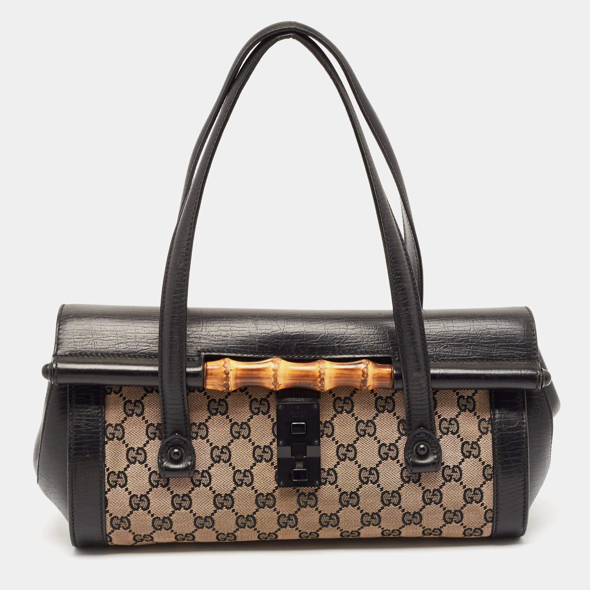 Pre Owned Gucci Black GG Canvas and Leather Bamboo Bullet Satchel