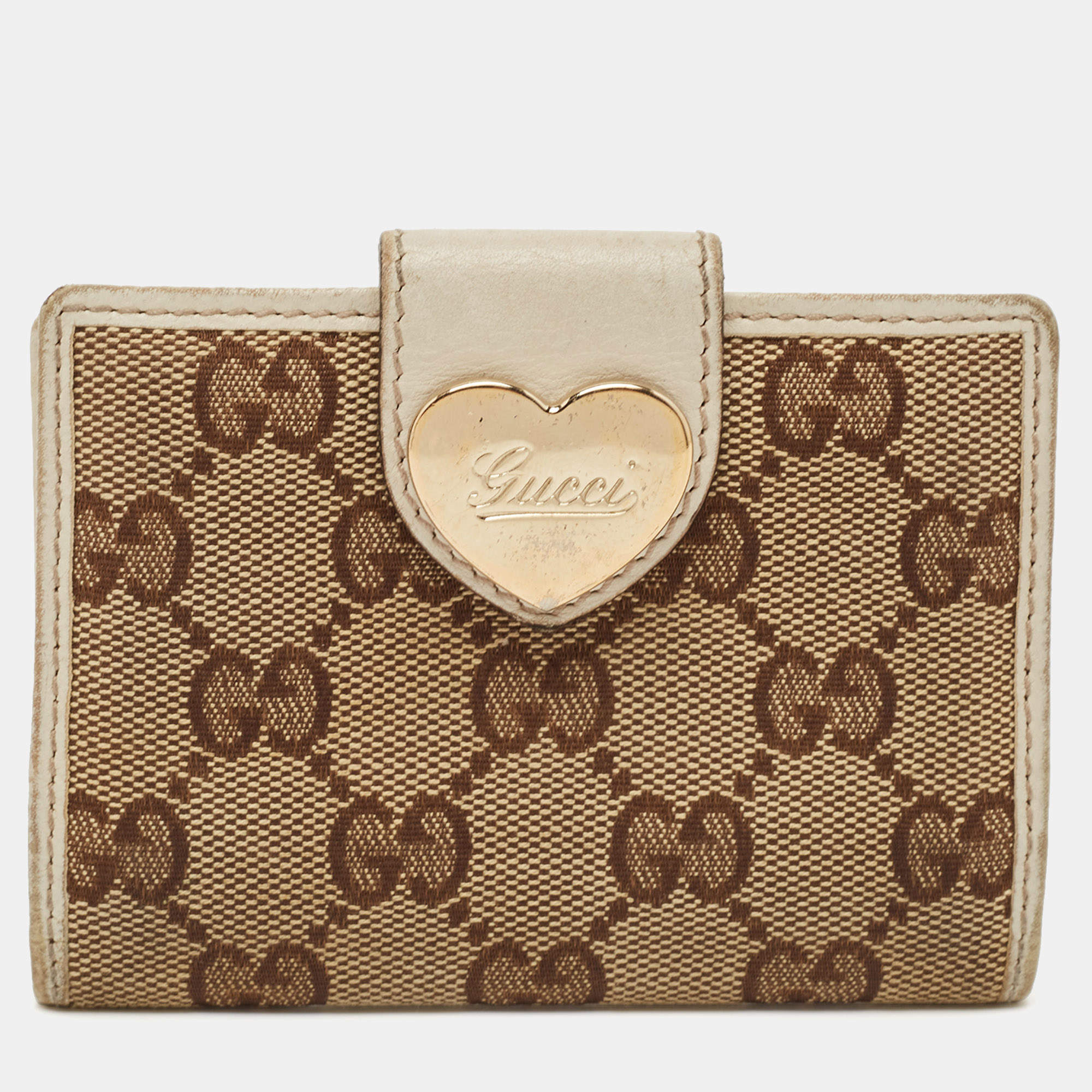 Gucci Beige/Off White GG Canvas and Leather Heart Flap Card Holder