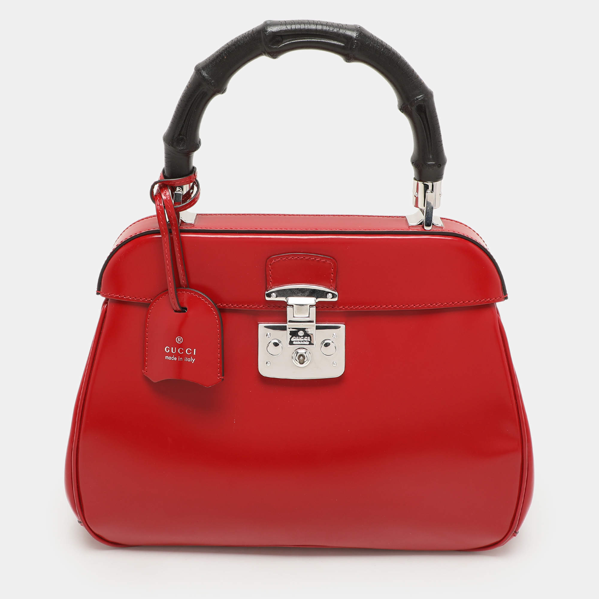 Pre Owned Gucci Red Patent Leather Lady Lock Bamboo Top Handle Bag