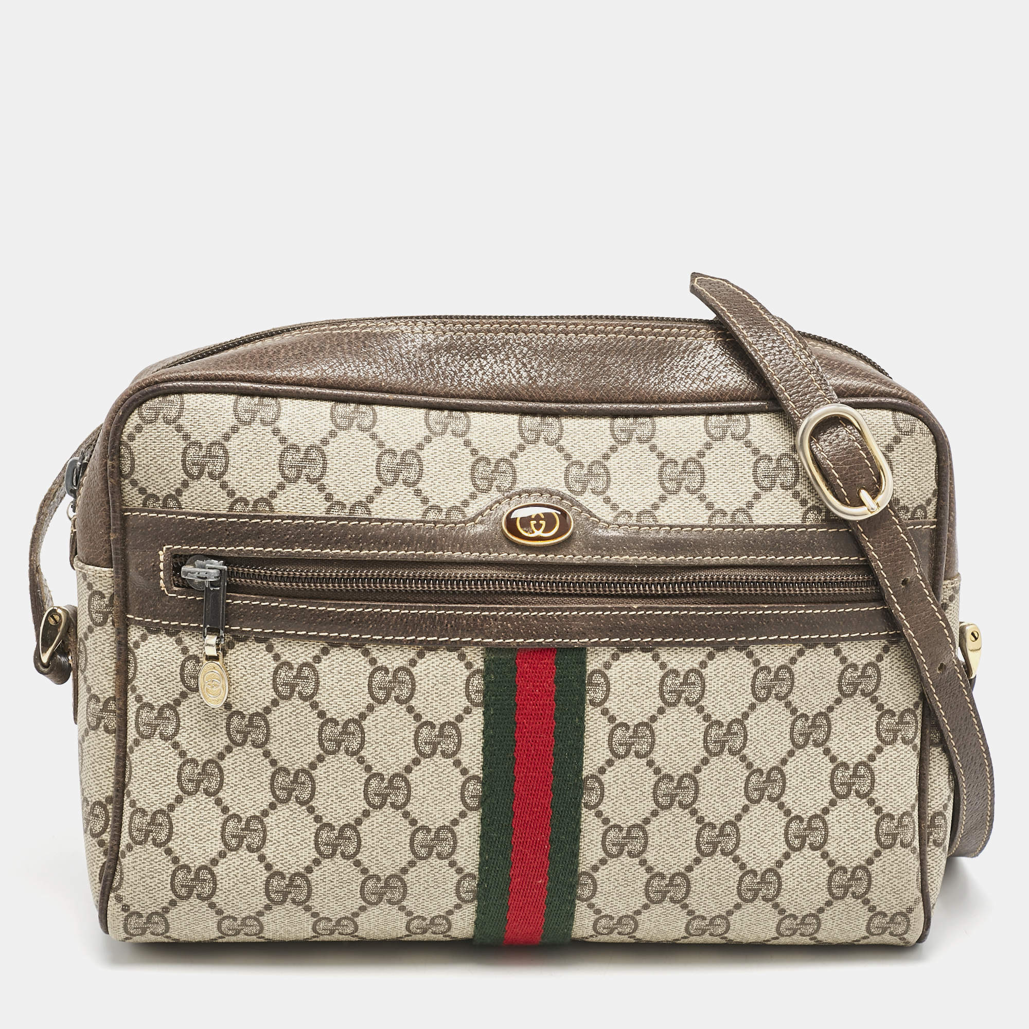 Pre Owned Gucci Beige/Brown GG Supreme Canvas and Leather Medium Ophidia Crossbody Bag